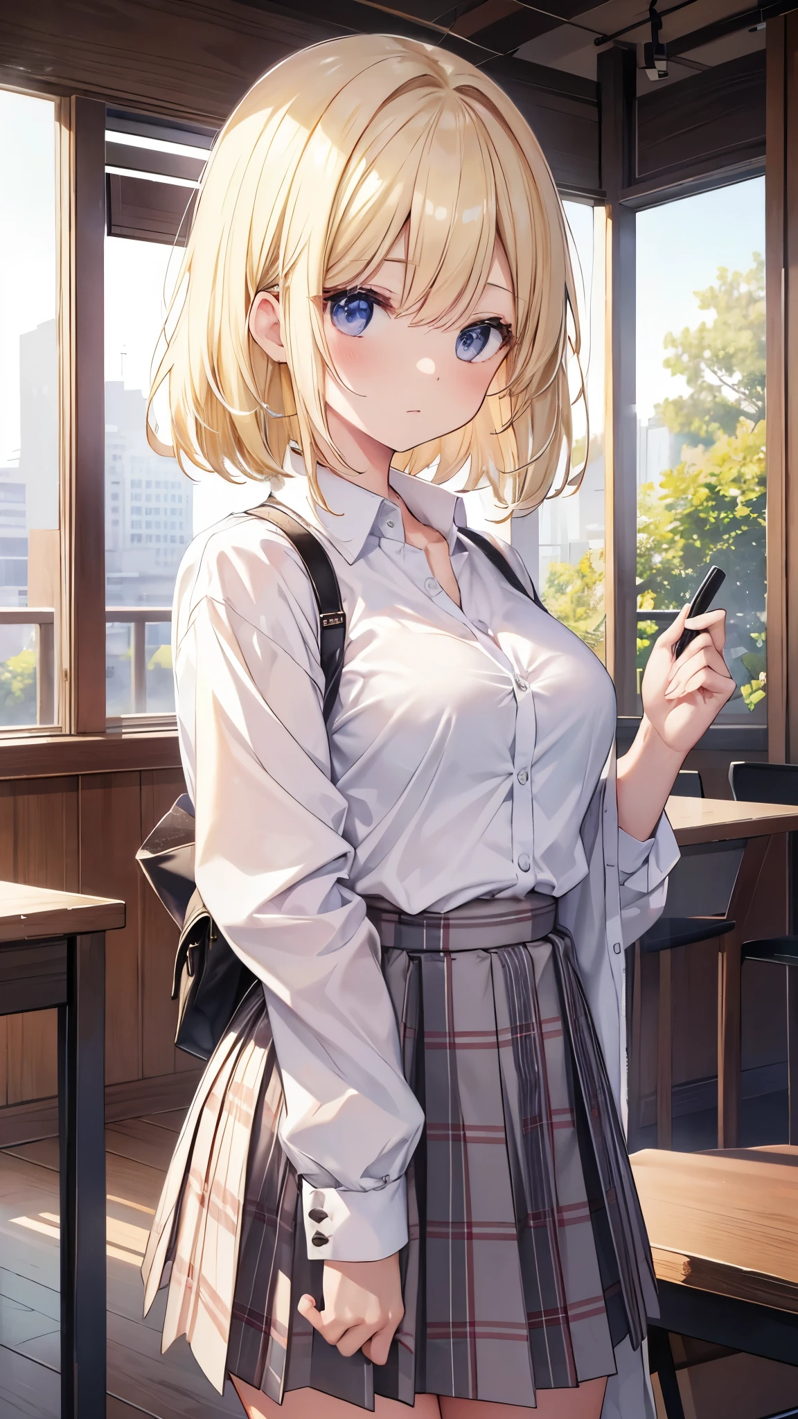 masterpiece, top-quality, hight resolution, sa1, blonde hair, 校服, white shirt, skirt by the, Plaid skirt, open-shirt, bra very,