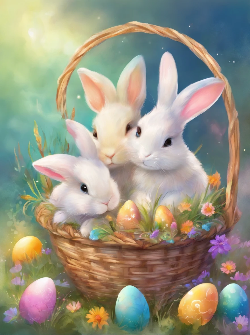 2 little small easter bunnies inside a wooden basket with colorful easter eggs and flowers in an easter art holiday decor style, vibrant atmosphere, watercolor art, watercolor painting, masterpiece, soft bright colors, soft light, easter holiday decor, 8K, detailed, highest quality artwork