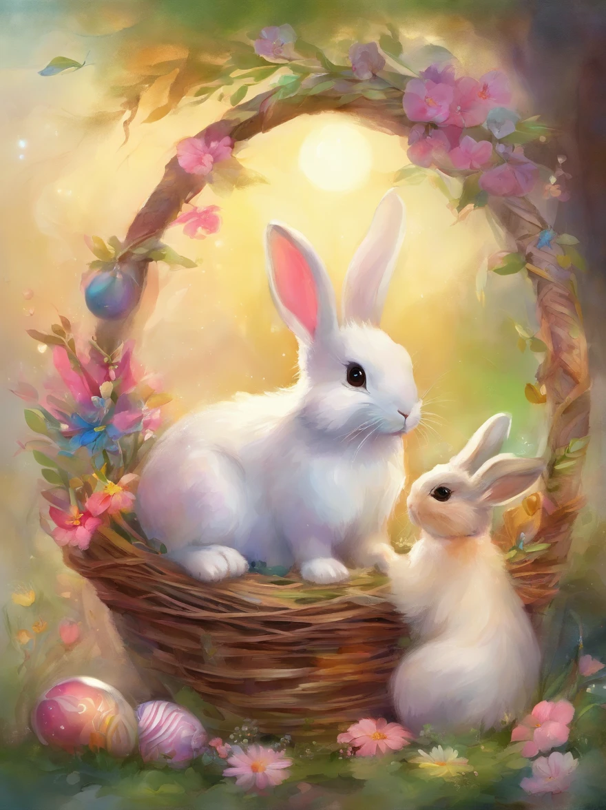 2 little small easter bunnies inside a wooden basket with colorful easter eggs and flowers in an easter art holiday decor style, vibrant atmosphere, watercolor art, watercolor painting, masterpiece, soft bright colors, soft light, easter holiday decor, 8K, detailed, highest quality artwork