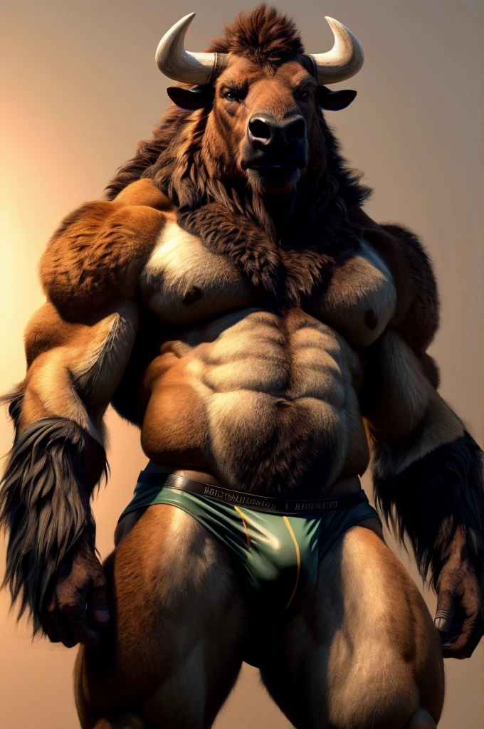 a furry male anthro Bison standing with his hands behind his back. He is wearing underwear and is depicted in a simple background. The artwork should be in a front view perspective. The image should be of the best quality, with ultra-detailed features and a realistic, photorealistic style. The colors should be vivid and the lighting should create a professional and visually appealing effect. The inspiration for this artwork comes from artists such as thebigslick.
