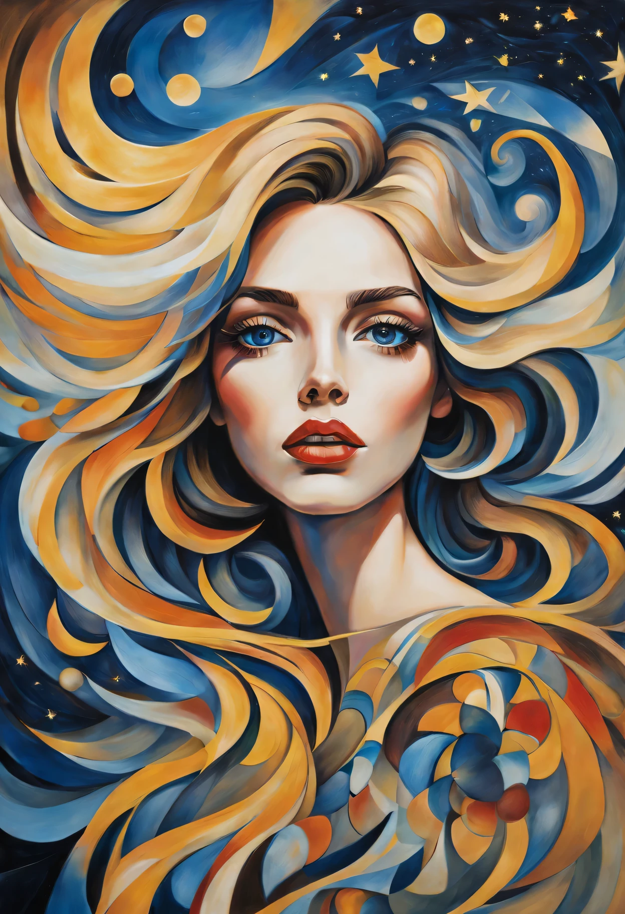 (best quality,actual,high resolution:1.2),pastel tones, painting,Impressionist strokes,from cubism, Fauvism to Surrealism and Abstraction, Beautiful and delicate eyes of a woman,Beautiful and delicate lips,flowing hair, Their artistic concepts and patterns are reflected in the clothing design.starry sky background