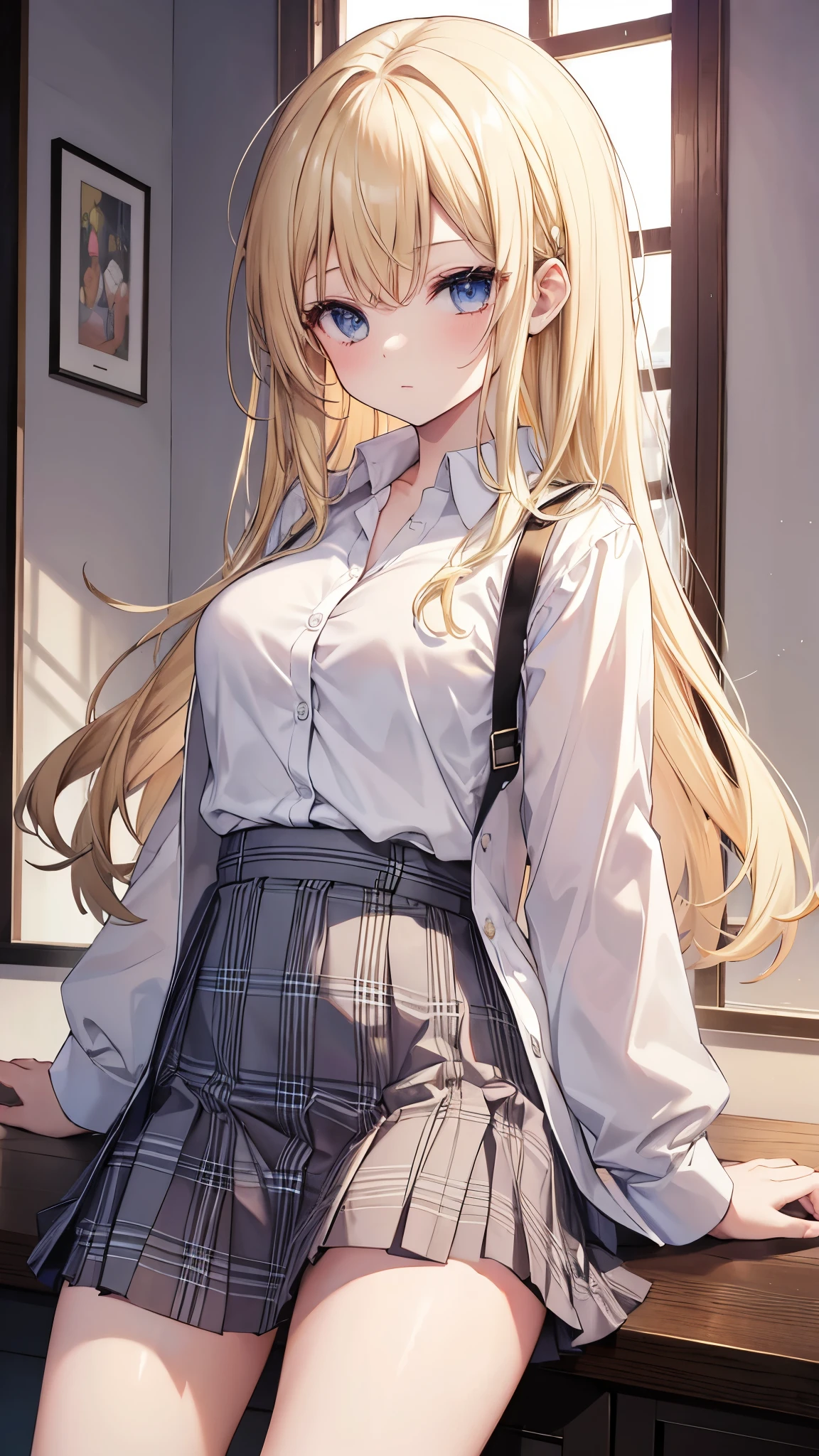 masterpiece, highest quality, High resolution, SA1, blonde hair,  uniform, white shirt, skirt, チェック柄skirt, open shirt, bra is very,