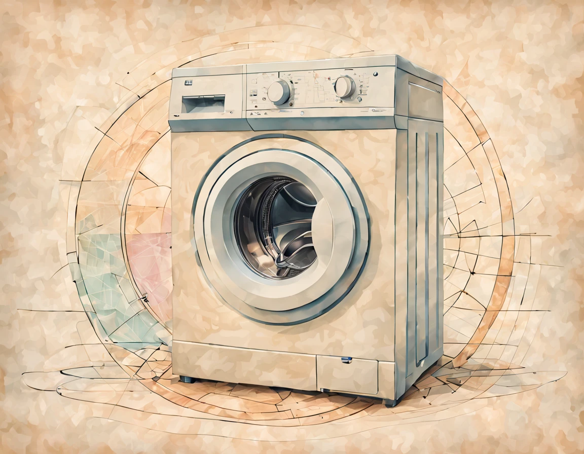 Fusion art, soft color tones, washing machine, line and geometric art, technical drawing, drawing on parchment, combining different models, non-standard interpretation
