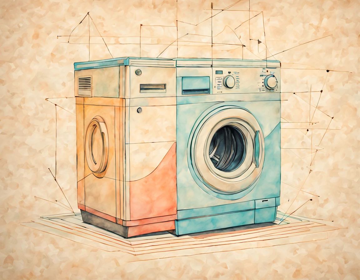 Fusion art, soft color tones, washing machine, line and geometric art, technical drawing, drawing on parchment, combining different models, non-standard interpretation