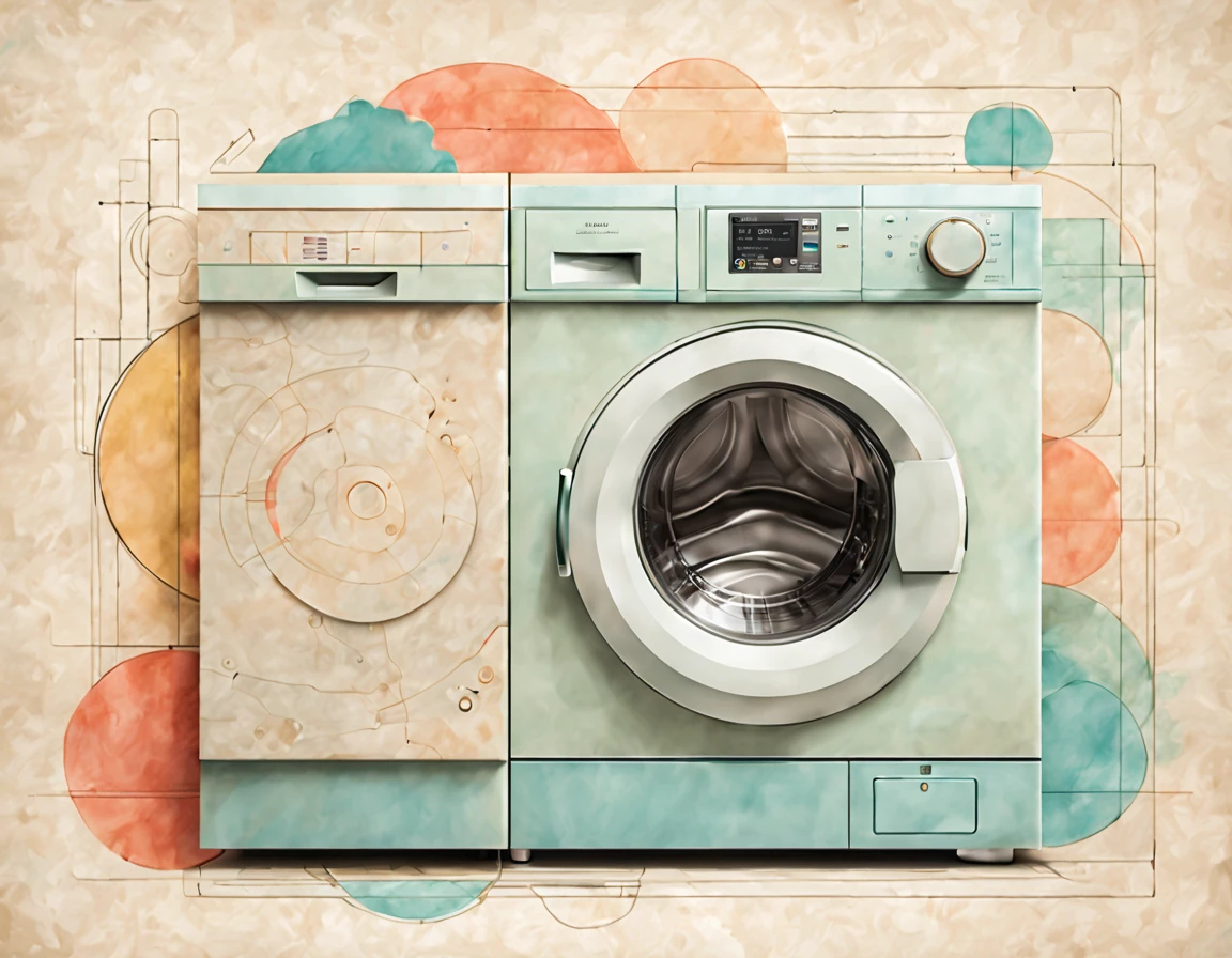 Fusion art, soft color tones, washing machine, line and geometric art, technical drawing, drawing on parchment, combining different models, non-standard interpretation