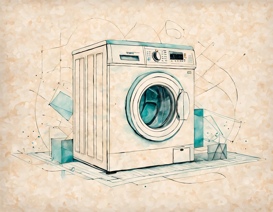 Fusion art, soft color tones, washing machine, line and geometric art, technical drawing, drawing on parchment, combining different models, non-standard interpretation