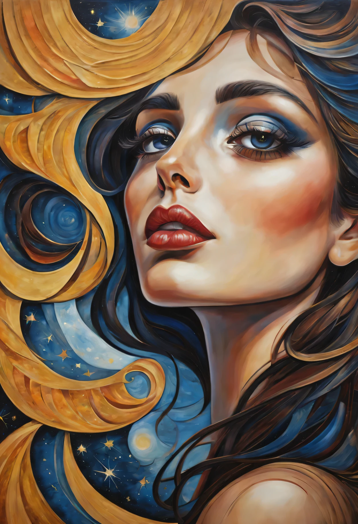 (best quality,actual,high resolution:1.2),pastel tones, painting,Impressionist strokes,from cubism, Fauvism to Surrealism and Abstraction, Beautiful and delicate eyes of a woman,Beautiful and delicate lips,flowing hair, Their artistic concepts and patterns are reflected in the clothing design.starry sky background