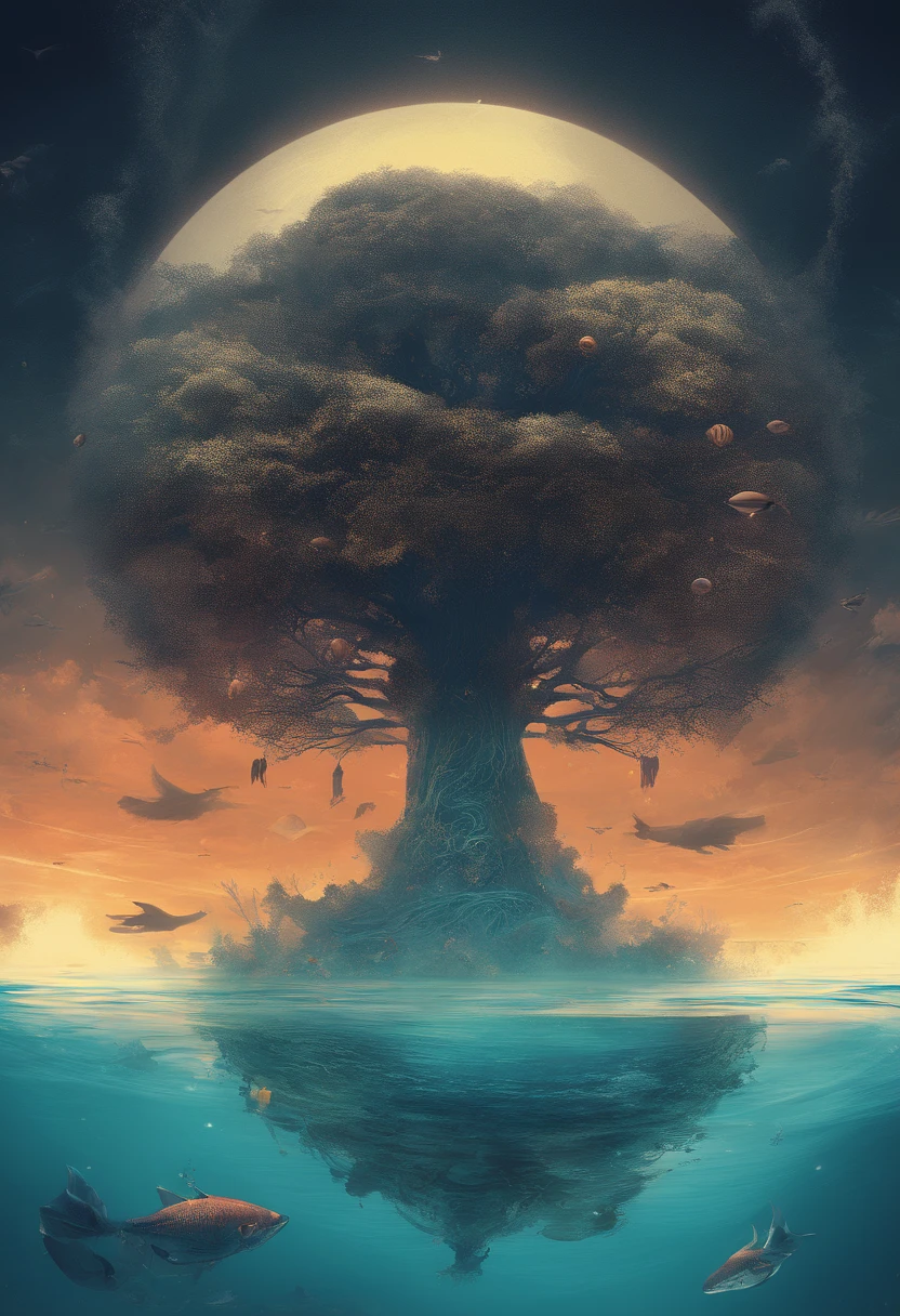 underwater，sun,world tree，ash，ring，a trillion years，