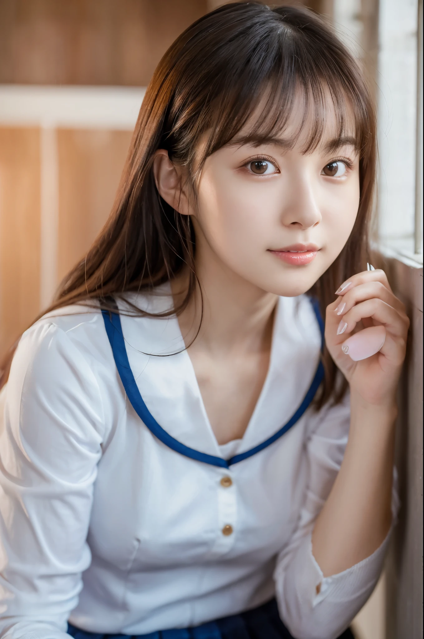 ulzzang -6500-v1.1, (raw photo:1.2), (photo realistic), highly detailed beautiful girl, (realistic:1.4), very detailed eyes and face, beautiful detailed eyes, japanese school uniform, school uniform, (super realistic pantyhose:1.2), no shoes, toes, Large file size, high resolution, very detailed, best quality, [masterpiece:1. 6], illustration, very detailed, nffsw, detailed, best quality, 8k wallpaper, movie lighting, one girl, , perfect figure, cute droopy eyes, beautiful big eyes, eyes, ((masutepiece )), best quality, 1 girl, eyeshadow, upper body, portrait, ((FULL BODYSHOT:1.5)),.