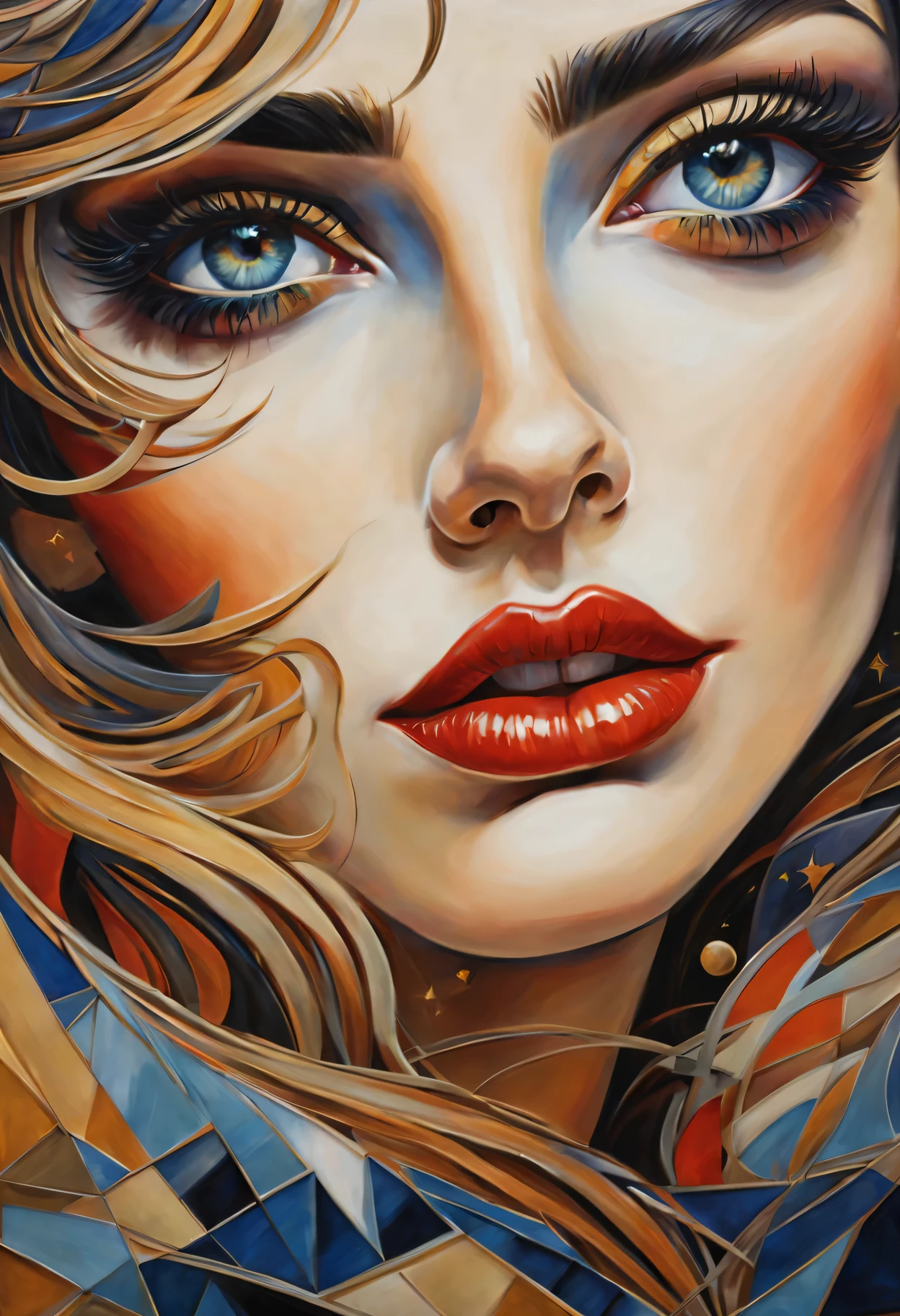 (best quality,actual,high resolution:1.2),pastel tones, painting,Impressionist strokes,from cubism, Fauvism to Surrealism and Abstraction, Beautiful and delicate eyes of a woman,Beautiful and delicate lips,flowing hair, Their artistic concepts and patterns are reflected in the clothing design.starry sky background