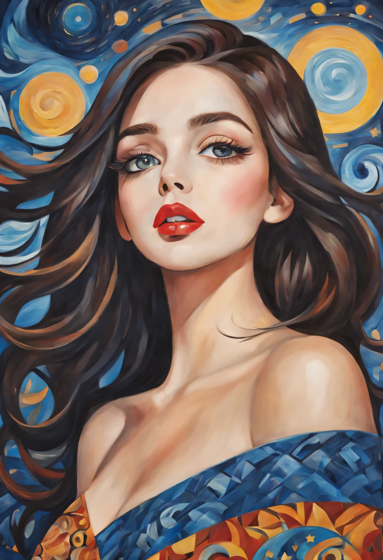 (best quality,actual,high resolution:1.2),pastel tones, painting,Impressionist strokes,from cubism, Fauvism to Surrealism and Abstraction, Beautiful and delicate eyes of a woman,Beautiful and delicate lips,flowing hair, Their artistic concepts and patterns are reflected in the clothing design.starry sky background