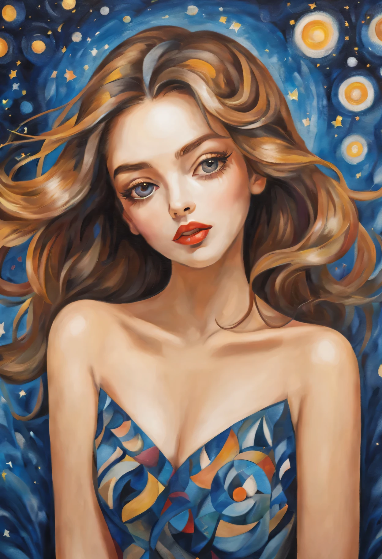 (best quality,actual,high resolution:1.2),pastel tones, painting,Impressionist strokes,from cubism, Fauvism to Surrealism and Abstraction, Beautiful and delicate eyes of a woman,Beautiful and delicate lips,flowing hair, Their artistic concepts and patterns are reflected in the clothing design.starry sky background