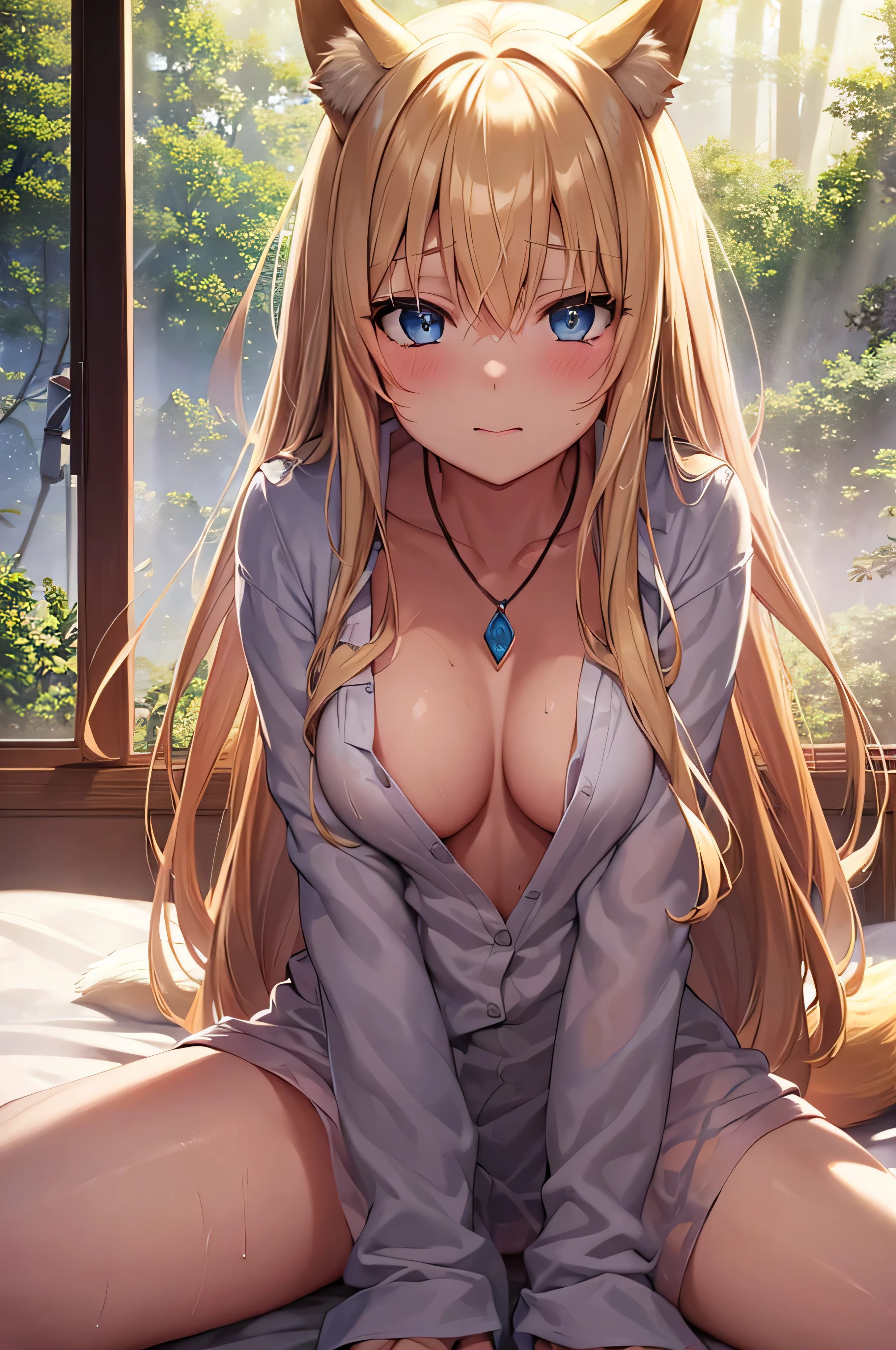 naked blonde anime girl with blue eyes and fox ears wearing a necklace, wet hair, nfsw, playing on bed with spread legs, dawn light, pastel tones, forest outside window, sunrays, innocent expression, crotch
