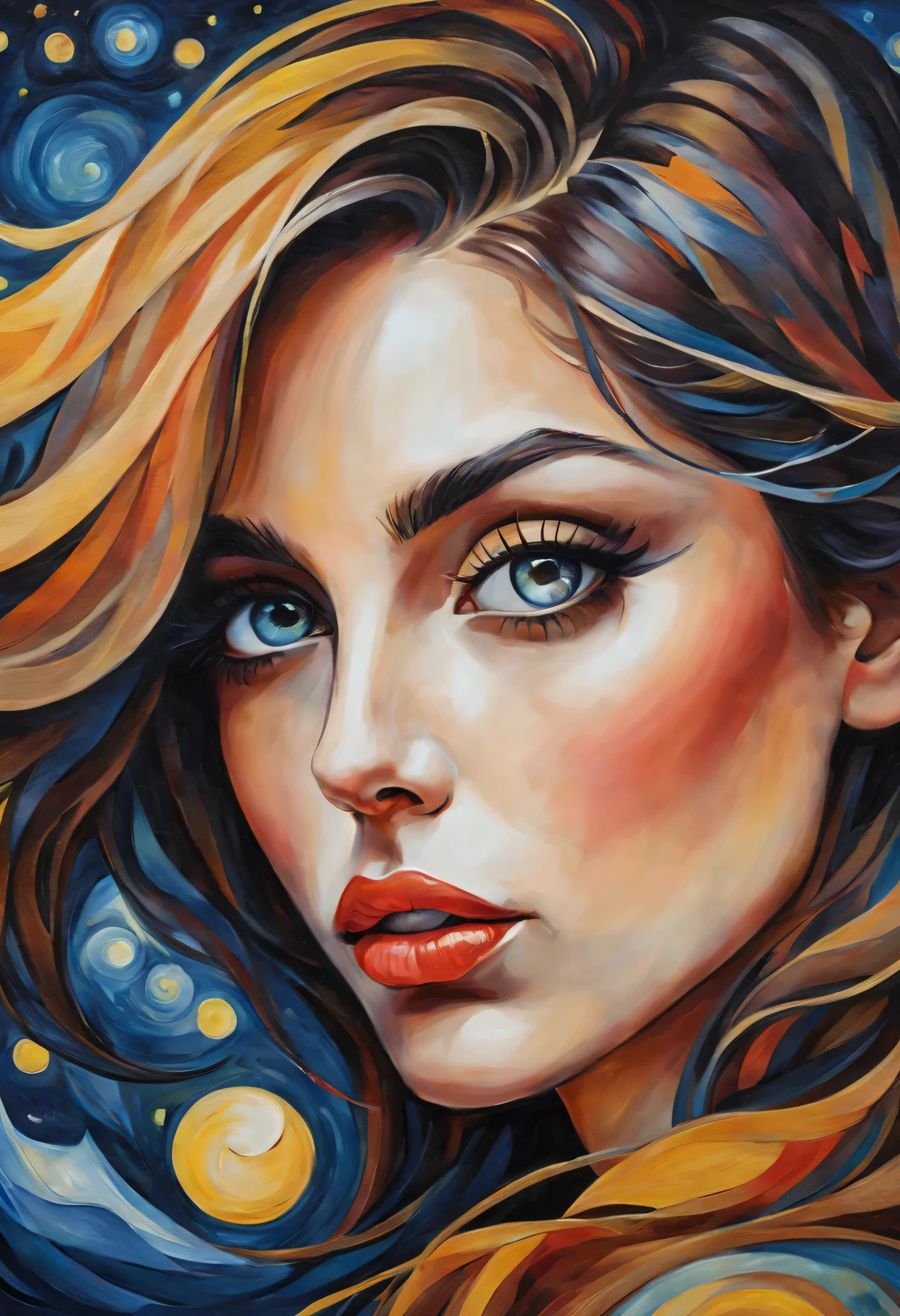 (best quality,actual,high resolution:1.2),pastel tones, painting,Impressionist strokes,from cubism, Fauvism to Surrealism and Abstraction, Beautiful and delicate eyes of a woman,Beautiful and delicate lips,flowing hair, Their artistic concepts and patterns are reflected in the clothing design.starry sky background