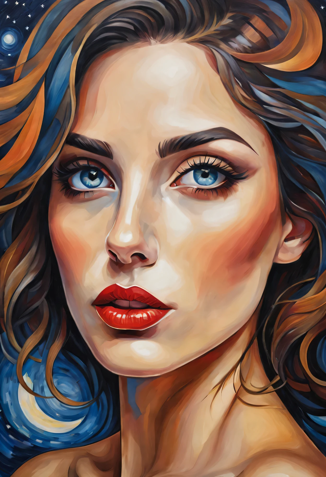 (best quality,actual,high resolution:1.2),pastel tones, painting,Impressionist strokes,from cubism, Fauvism to Surrealism and Abstraction, Beautiful and delicate eyes of a woman,Beautiful and delicate lips,flowing hair, Their artistic concepts and patterns are reflected in the clothing design.starry sky background