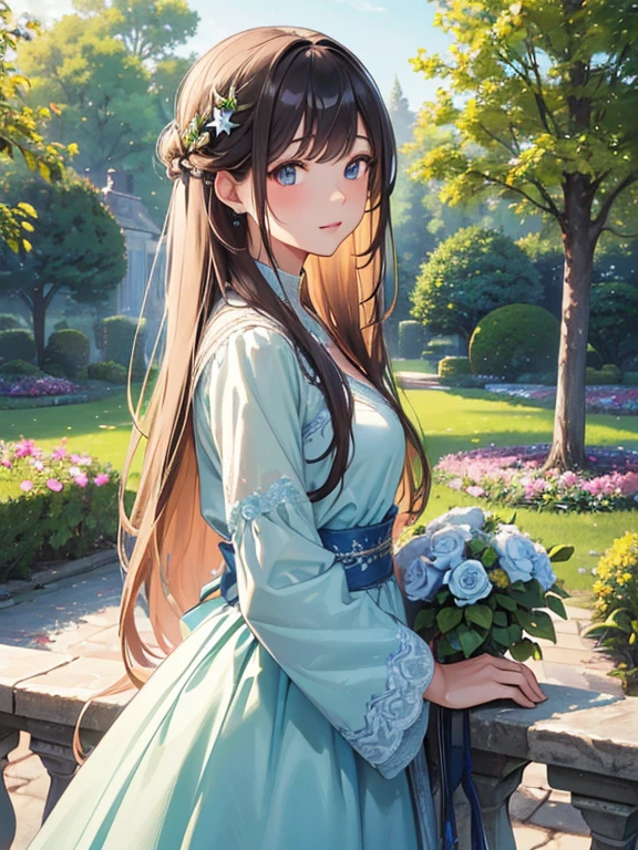 (best quality, high_resolution, distinct_image:1.2),detailed garden scene,detailed flowers in the foreground,detailed plants and trees,beautiful girl with long hair and flowing dress,eyes that sparkle with life,lips that are full and vibrant,peaceful and serene atmosphere,star-filled sky in the background