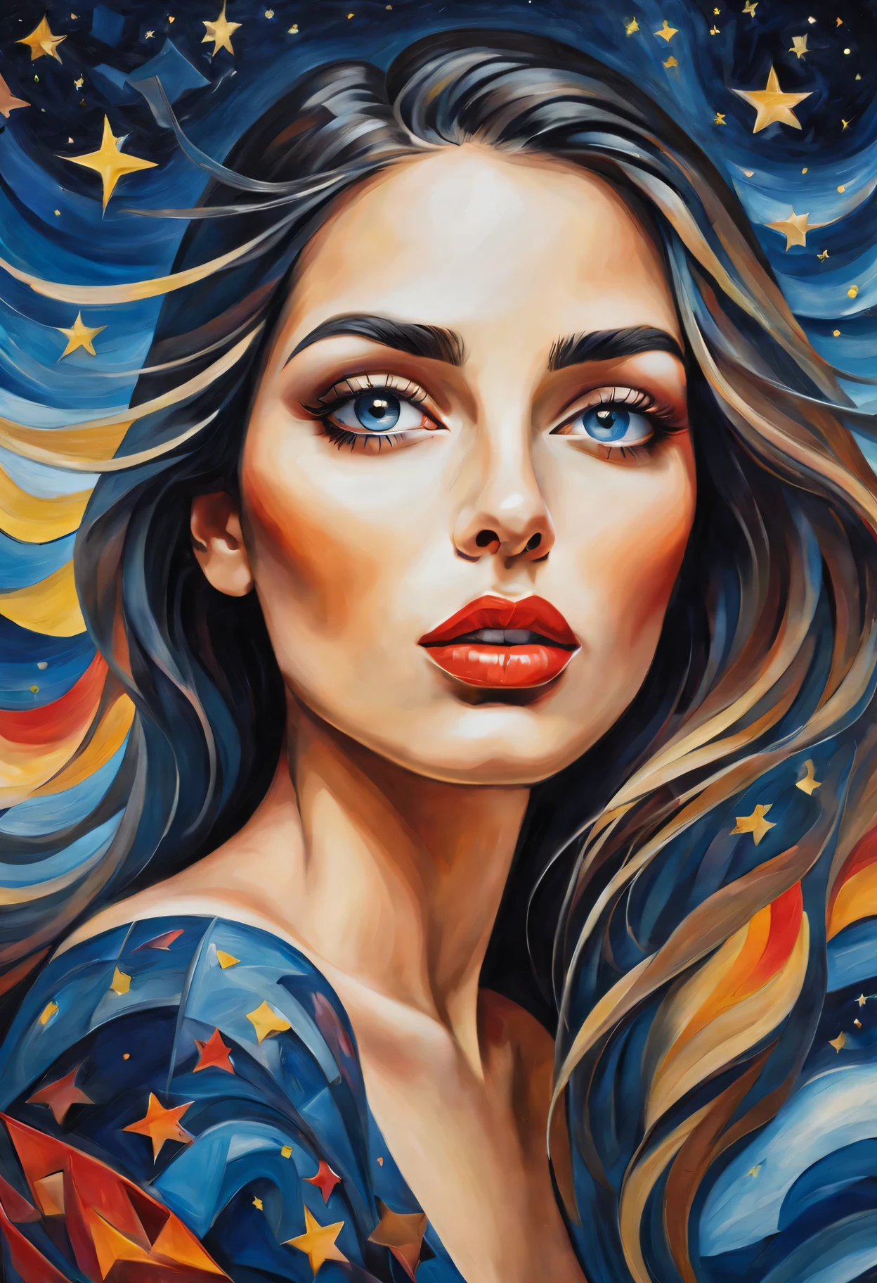 (best quality,actual,high resolution:1.2),pastel tones, painting,Impressionist strokes,from cubism, Fauvism to Surrealism and Abstraction, Beautiful and delicate eyes of a woman,Beautiful and delicate lips,flowing hair, Their artistic concepts and patterns are reflected in the clothing design.starry sky background