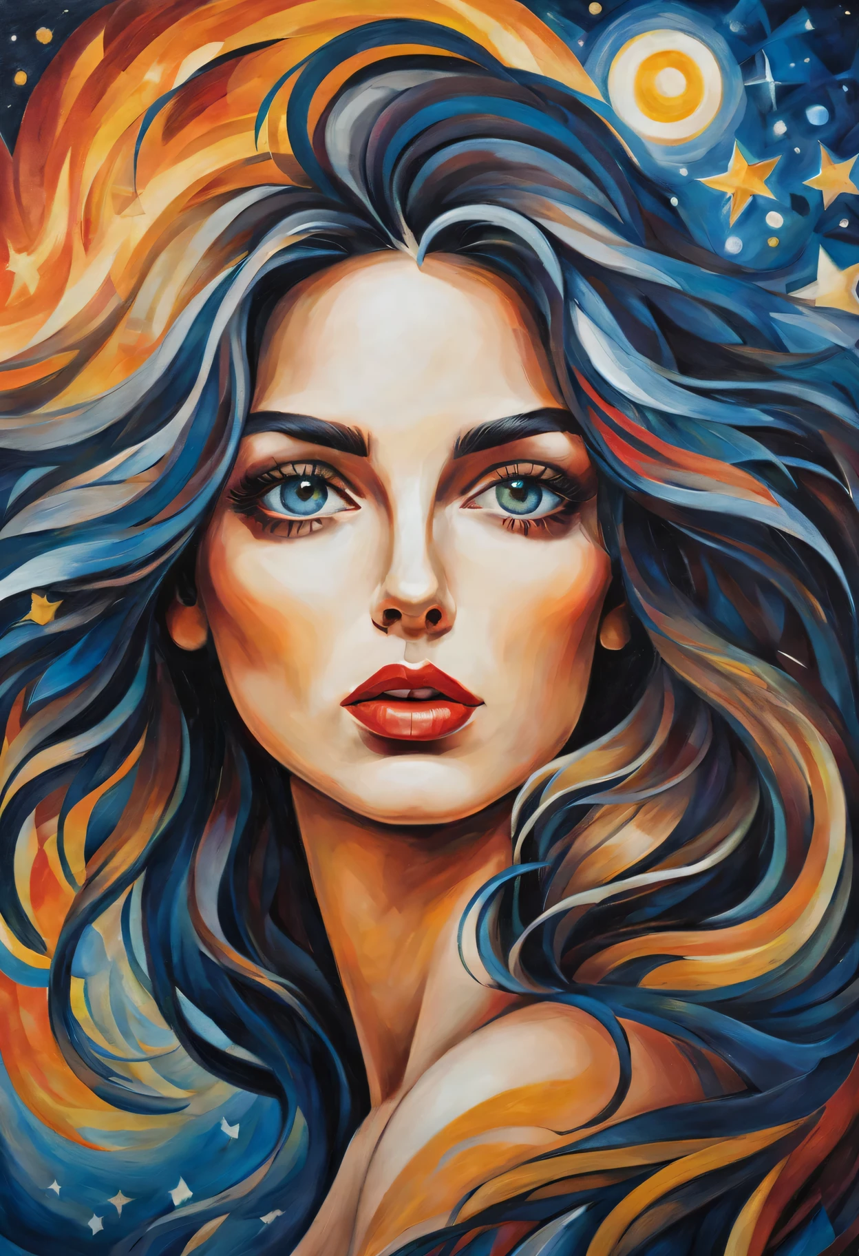 (best quality,actual,high resolution:1.2),pastel tones, painting,Impressionist strokes,from cubism, Fauvism to Surrealism and Abstraction, Beautiful and delicate eyes of a woman,Beautiful and delicate lips,flowing hair, Their artistic concepts and patterns are reflected in the clothing design.starry sky background