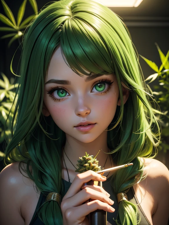 (Best quality), (perfect face), (high detail), (1girl), (closeup), (headshot), a cute hippie girl smoking a joint surrounded by marijuana leafs, (marijuana plants), smoke filled room, weed smoke, THC, (green eyes), (neon green 1:1), HDR,4K, 3D