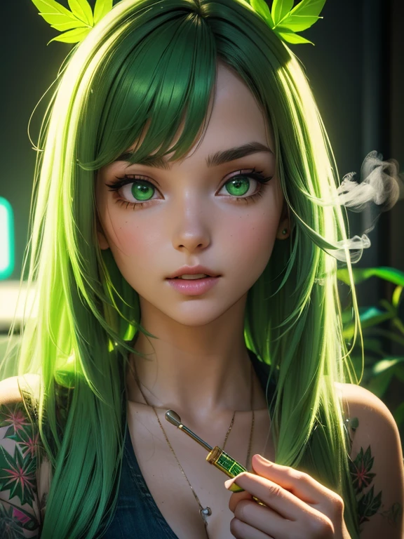 (Best quality), (perfect face), (high detail), (1girl), (closeup), (headshot), a cute stoner girl smoking a joint surrounded by marijuana leafs, smoke filled room, weed smoke, THC, (green eyes), (neon green 1:1), HDR,4K, 3D