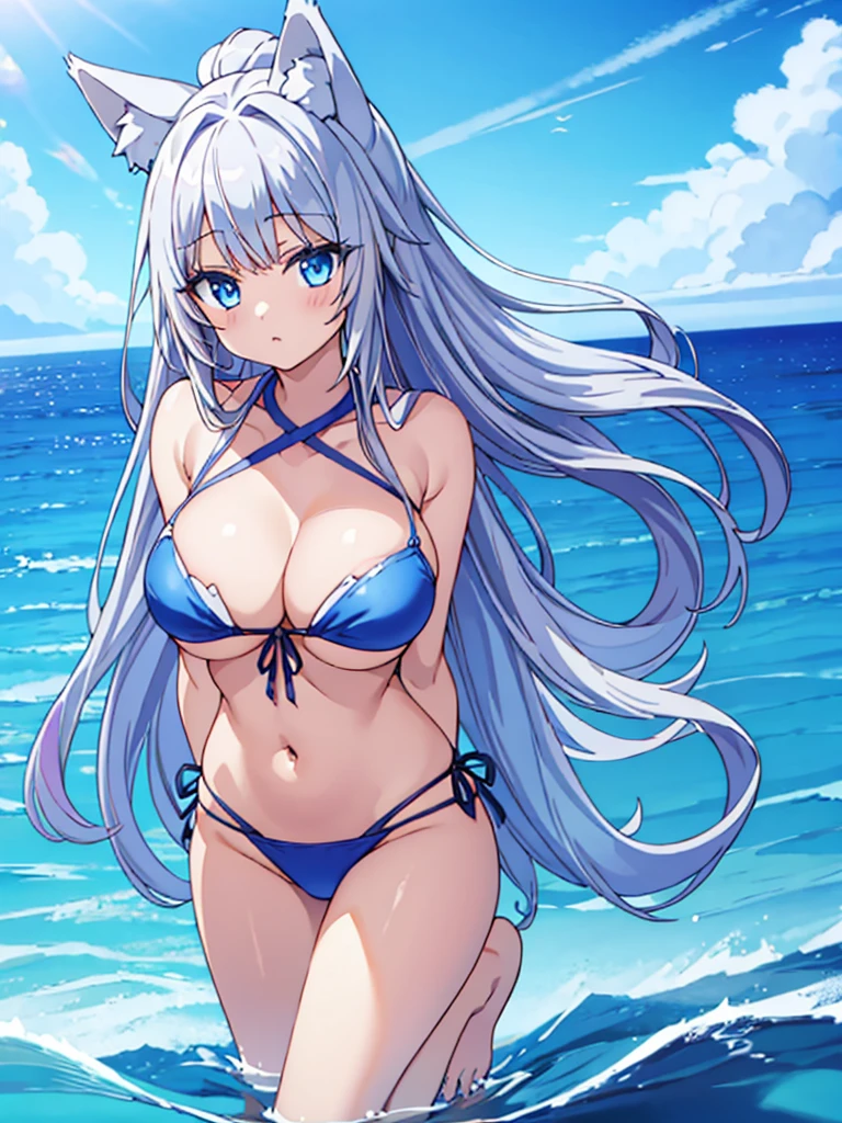 wolf ears、big breasts、silver hair、wolf tail、barefoot、blue eyes、blue star bikini、in water、Ocean