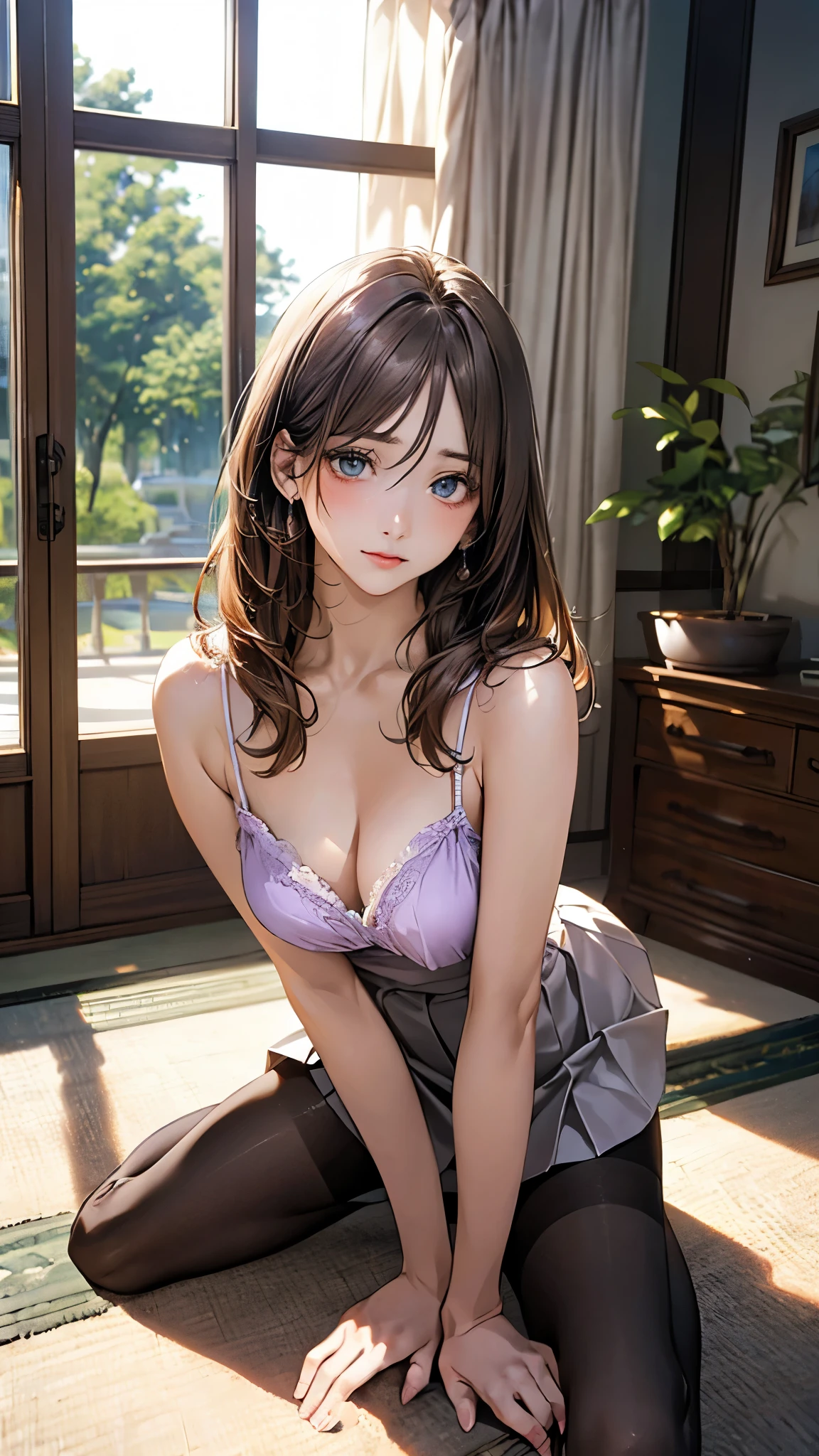 (masterpiece:1.2, top-quality), (realistic, photorealistic:1.4), beautiful illustration, (natural side lighting, movie lighting),
looking at viewer, cowboy shot, front view:0.6, 1 girl, japanese, high school girl, perfect face, cute and symmetrical face, shiny skin,
(long hair:1.8, straight hair:1.7, sidelocks, light brown hair), hair between eye, blue green eyes, long eye lasher, (large breasts:0.8, thick thighs),
beautiful hair, beautiful face, beautiful detailed eyes, beautiful clavicle, beautiful body, beautiful chest, beautiful thigh, beautiful legs, beautiful fingers,
((light purple camisole, grey skirt, black pantyhose),
(beautiful scenery), night, living room, window, curtain, wariza, bent over, arms at floor, (confused, upper eyes),