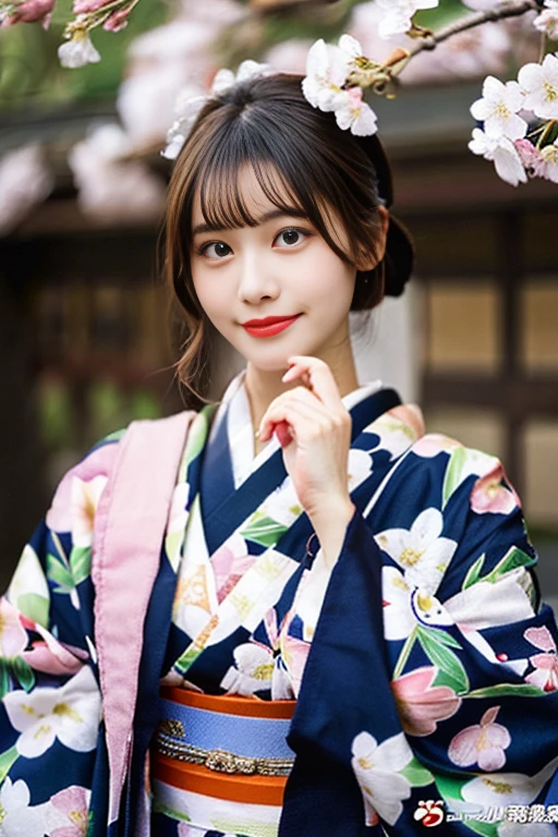 (8K, RAW photo, highest quality, masterpiece:1.2), super be familiar with, ultra high resolution, (realistic, photo realistic:1.37), portrait, High resolution RAW color photos, professional photos, very delicate and beautiful, very be familiar with, 8k wallpaper, growing up, be familiar with, huge file size, official art, very be familiar with CG Unity 8k wallpaper, very be familiar with beautiful girl, very be familiar with face, extremely be familiar with eye, very be familiar with skin, very thin fingers, very be familiar with nose, very be familiar with mouth, perfect anatomy, very be familiar with background, very be familiar with clothes, 1 girl, (18-year-old:1.2), 10代eye, cute女の子, famous japanese idol, cute,(small breasts:1.2), realistic body, small, pure white skin, Glossy skin, slender body, good style, dark, tied hair,(bangs:1.2), smile, cute, young, cute faces, Face like real, Beautiful eye, source order, (cherry blossom pattern kimono:1.4), intricate embroidery, earrings, (cherry blossom wig:1.2), eye, cowboy shot, frontage, standing athletic pose, contrapo, outside of home, (night:1.4), Japanese style, Cherry blossoms in full bloom in the background, (falling petals:1.4), (petals reflecting light (petals reflecting light: 1.3), dynamic lighting,