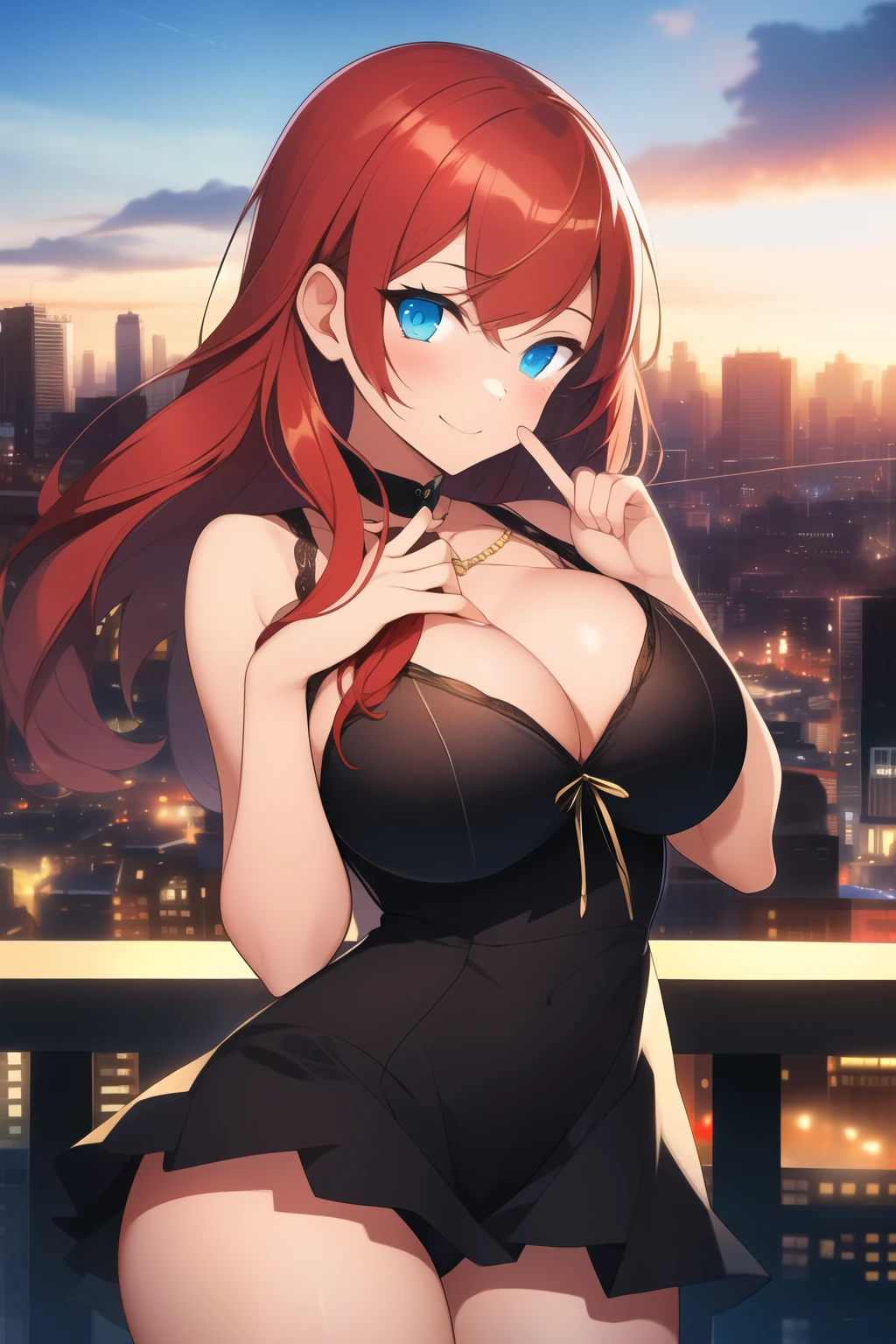 (extremely details, nice illumination, rtx) wonderful girl, nice big tits, cute face, nice body, red long hairs, nice hand and finger, dress with strings, city in background,