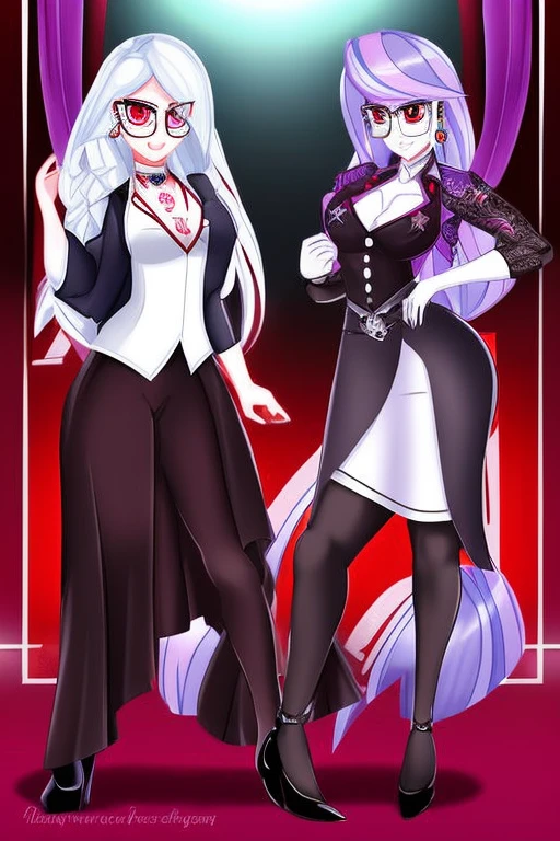 (masterpiece), best quality, expressive eyes, perfect face, sexy woman, (white skin), full body, jewelry, ((low heel)s), (dark red dress shirt with sleeves rolled up), (grey pants), (black vest), (glasses) beautiful, loving, long (silver hair), mlp, mlp oc, red eyes, tall, (((1girl))), silver tail, ((tattoo of a chaos star)), Equestria Girls OC, EG OC