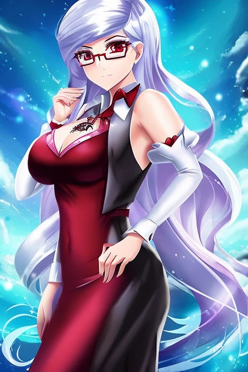 (masterpiece), best quality, expressive eyes, perfect face, sexy woman, (white skin), full body, jewelry, ((low heel)s), (dark red dress shirt with sleeves rolled up), (grey pants), (black vest), (glasses) beautiful, loving, long (silver hair), mlp, mlp oc, red eyes, tall, (((1girl))), silver tail, ((tattoo of a chaos star)), Equestria Girls OC, EG OC