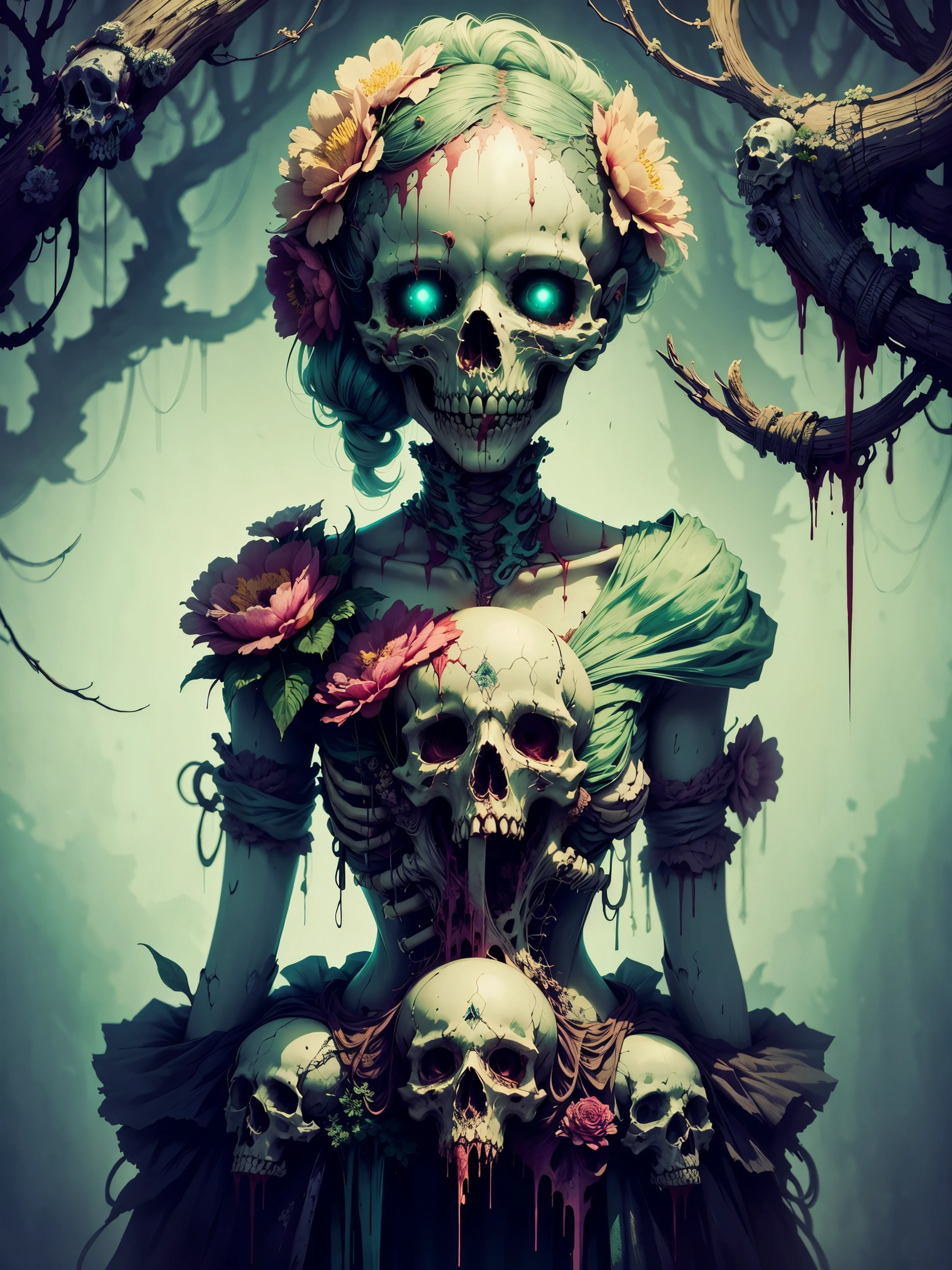 soft color tone, flowers, undead, skeleton, forest