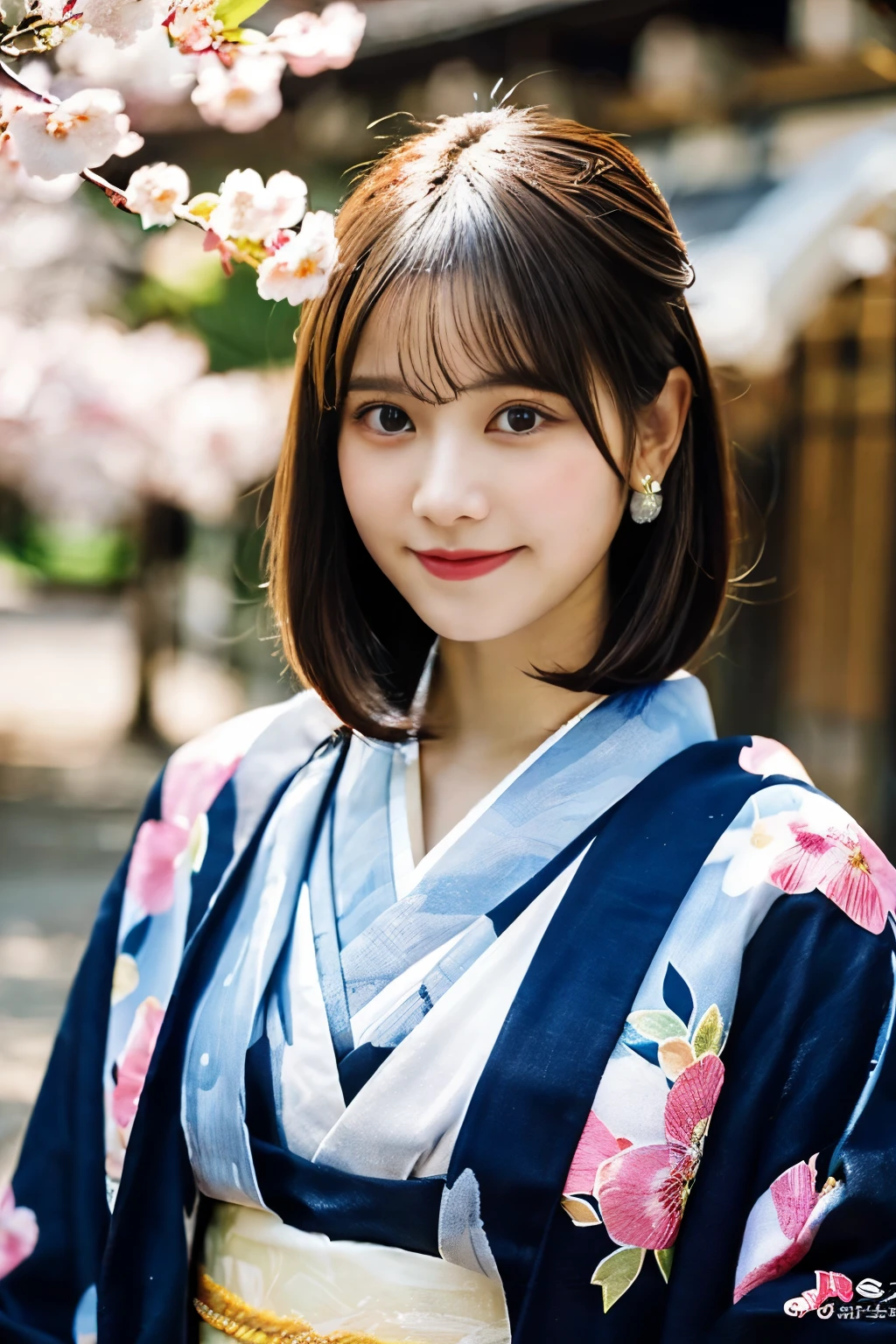 (8K, RAW photo, highest quality, masterpiece:1.2), super be familiar with, ultra high resolution, (realistic, photo realistic:1.37), portrait, High resolution RAW color photos, professional photos, very delicate and beautiful, very be familiar with, 8k wallpaper, growing up, be familiar with, huge file size, official art, very be familiar with CG Unity 8k wallpaper, very be familiar with beautiful girl, very be familiar with face, extremely be familiar with eye, very be familiar with skin, very thin fingers, very be familiar with nose, very be familiar with mouth, perfect anatomy, very be familiar with background, very be familiar with clothes, 1 girl, (18-year-old:1.2), 10代eye, cute女の子, famous japanese idol, cute,(small breasts:1.2), realistic body, small, pure white skin, Glossy skin, slender body, good style, dark, tied hair,(bangs:1.2), smile, cute, young, cute faces, Face like real, Beautiful eye, source order, (cherry blossom pattern kimono:1.4), intricate embroidery, earrings, (cherry blossom wig:1.2), eye, cowboy shot, frontage, standing athletic pose, contrapo, outside of home, (night:1.4), Japanese style, Cherry blossoms in full bloom in the background, (falling petals:1.4), (petals reflecting light (petals reflecting light: 1.3), dynamic lighting,