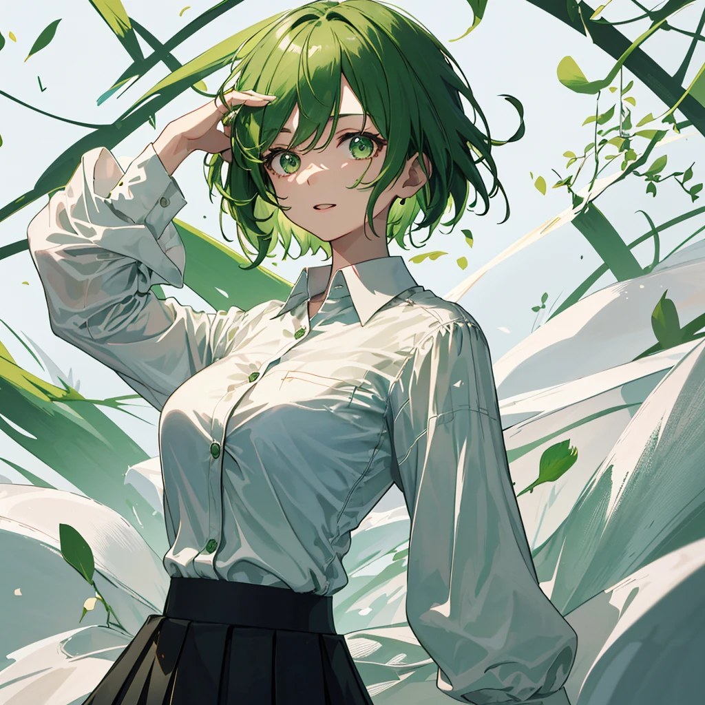 ((masterpiece, highest quality)), (1 girl), (alone), (female focus), (green hair, short hair), green eyes, empty eyes、light smile, open your mouth, ((white shirt), (buttoned shirt), (button gap)), ((black skirt), (short skirt)), Are standing, white background, turn your arms behind your back, dynamic angle,