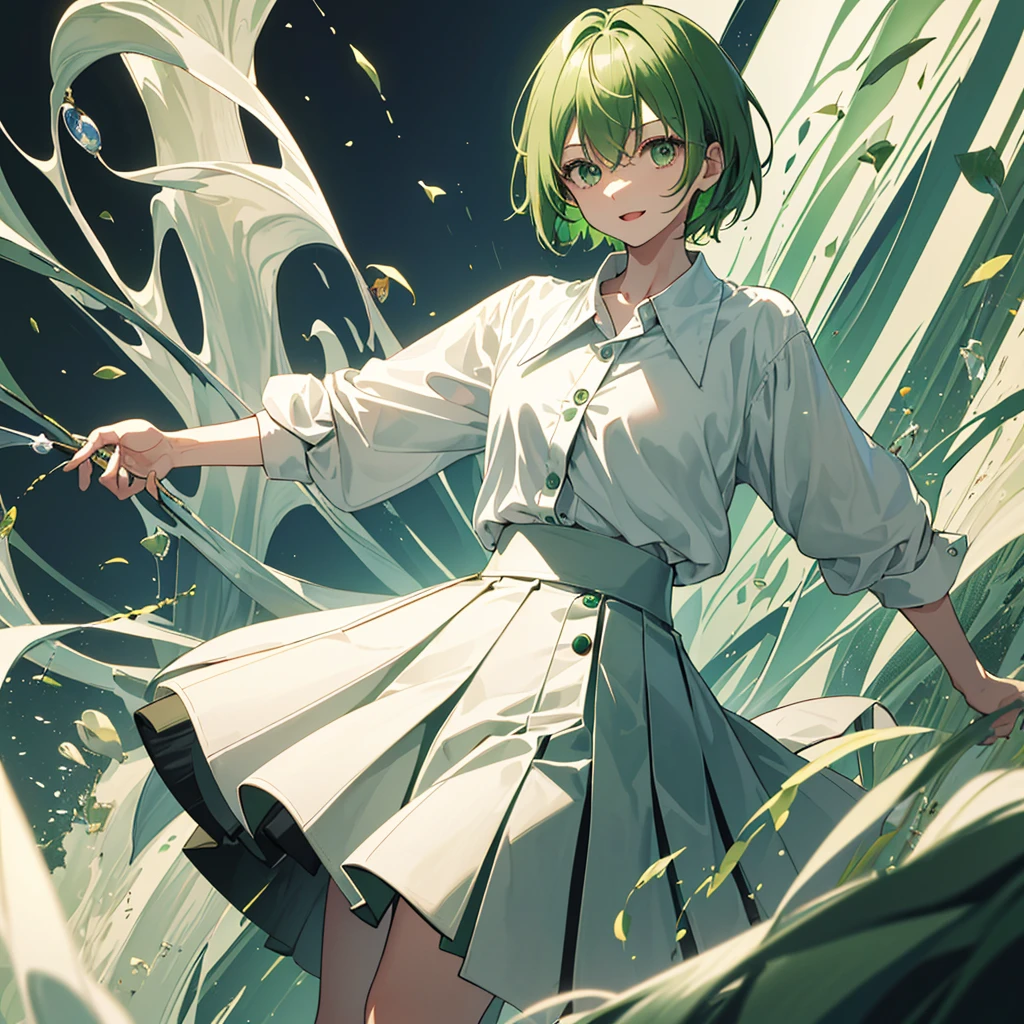 ((masterpiece, highest quality)), (1 girl), (alone), (female focus), (green hair, short hair), green eyes, empty eyes、light smile, open your mouth, ((white shirt), (buttoned shirt), (button gap)), ((black skirt), (short skirt)), Are standing, white background, turn your arms behind your back, dynamic angle,