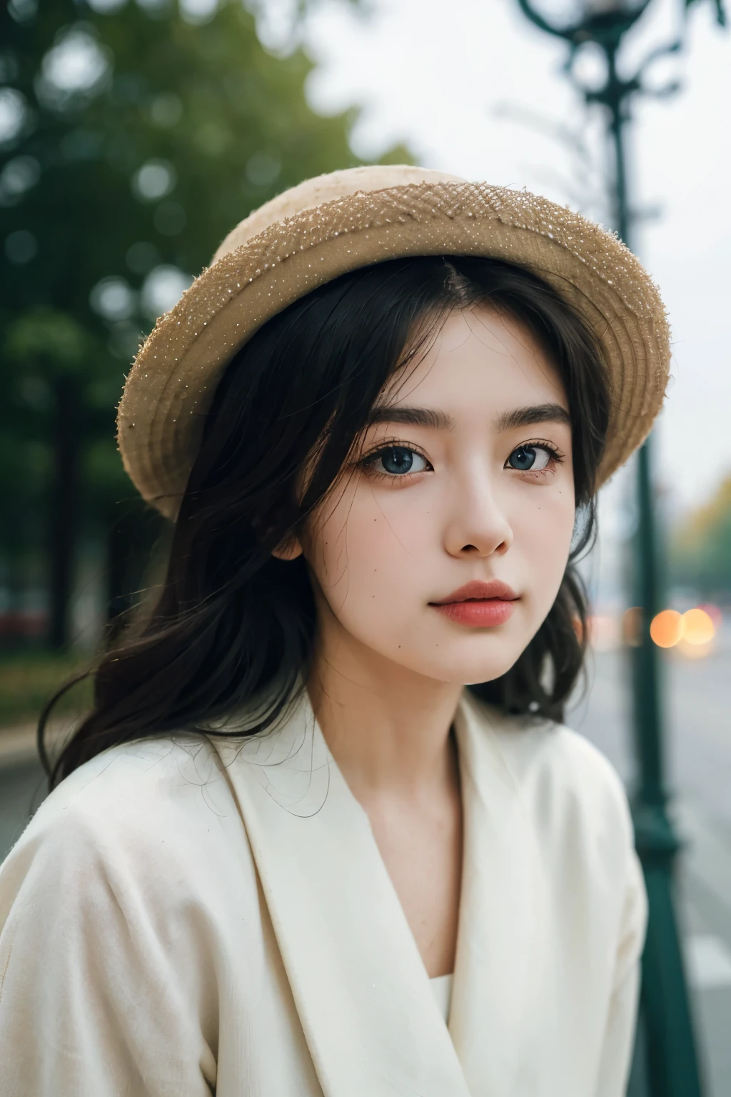 (best quality,4K,high resolution,masterpiece:1.4),Super detailed,Very detailed,sharp focus,Surreal:1.4,professional,HD images,bright colors,Bokeh,Beautiful and delicate eyes,Beautiful and delicate lips,long eyelashes,Romantic atmosphere,soft light,Contrast light and shadow,Lighting effects,rain scene,high nose bridge,young,Lively,Chubby cheeks,charming,graceful curves,full,The streets of Moscow,Wear a cotton hat,Soviet style clothing