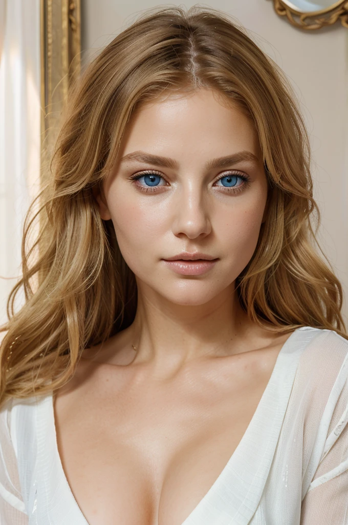 A real imagefull body, of a European woman, age 35, with messy hair and blonde highlights, boasts beautiful blue eyes and an exquisite face. Dressed formally in a white shirt with an open collar, the high quality image captures every intricate detail of her corporeal form. Her eyes radiate charm and allure, as the image showcases their natural beauty and captivating depth. The image presents a clear, sharp focus, bringing every pore and texture of her skin to life. The blonde highlights catch the light, adding a luminous glow to her disheveled yet alluring hair. This stunning portrait conveys the elegance and sophistication of a woman at