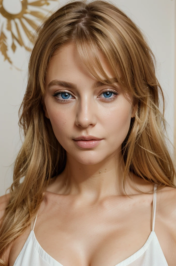 A real imagefull body, of a European woman, age 35, with messy hair and blonde highlights, boasts beautiful blue eyes and an exquisite face. Dressed formally in a white shirt with an open collar, the high quality image captures every intricate detail of her corporeal form. Her eyes radiate charm and allure, as the image showcases their natural beauty and captivating depth. The image presents a clear, sharp focus, bringing every pore and texture of her skin to life. The blonde highlights catch the light, adding a luminous glow to her disheveled yet alluring hair. This stunning portrait conveys the elegance and sophistication of a woman at