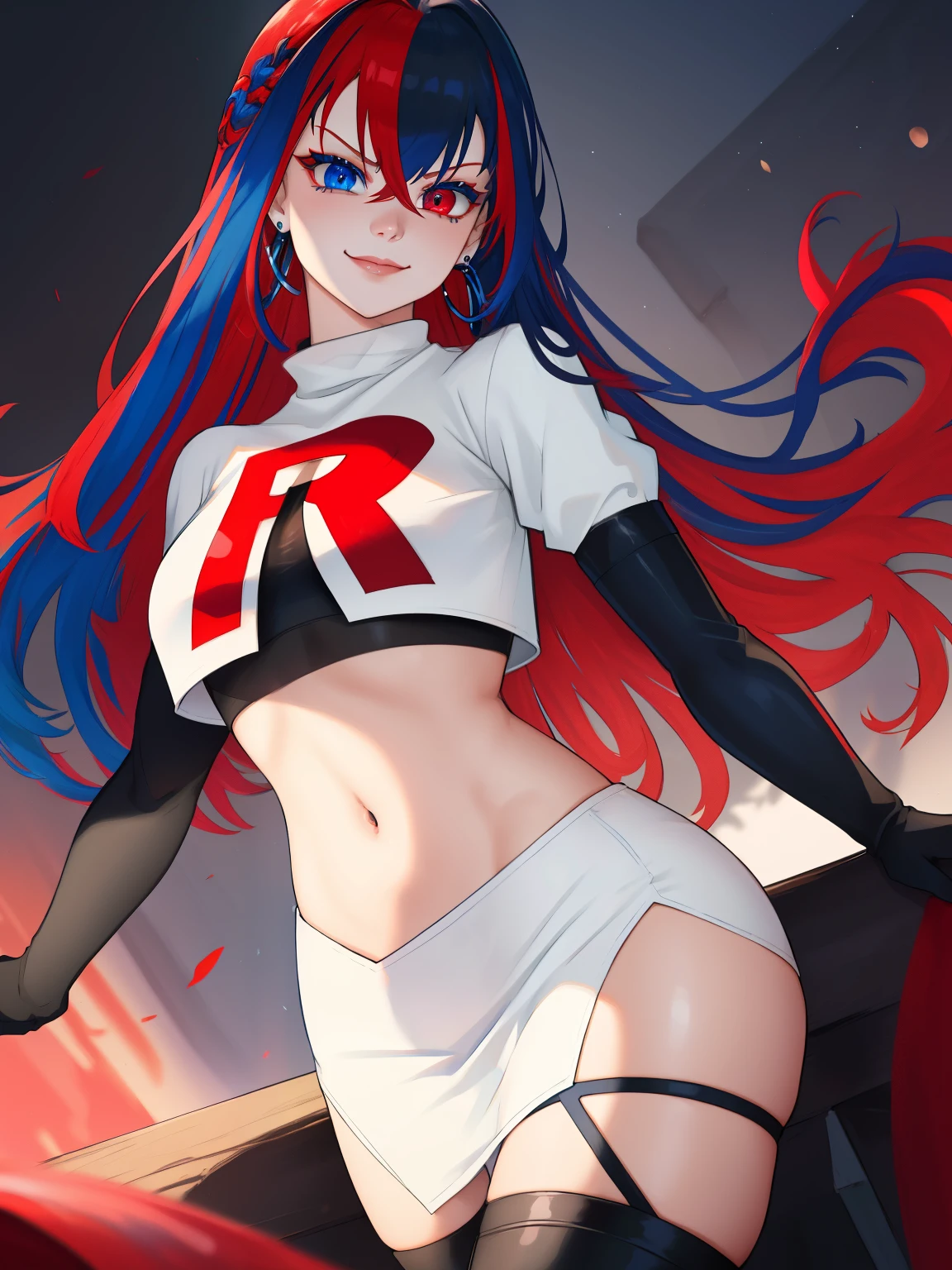 aleardef, blue hair, red hair, multicolored hair, blue eyes, red eyes ,multicolored eyes, ,glossy lips, earings ,team rocket uniform, red letter R, white skirt,white crop top,black thigh-high boots, black elbow gloves, closed mouth, evil smile