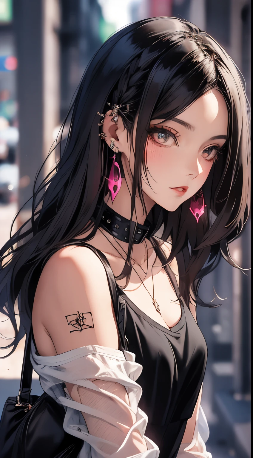 obra maestra, Mejor calidad, pixiv, Chica cool, muchos piercings, pendientes, dark brown hair, Pelo RIZADO, flequillo contundente, flequillo recto, ojos grises, pale skin, Gallon, mejorar