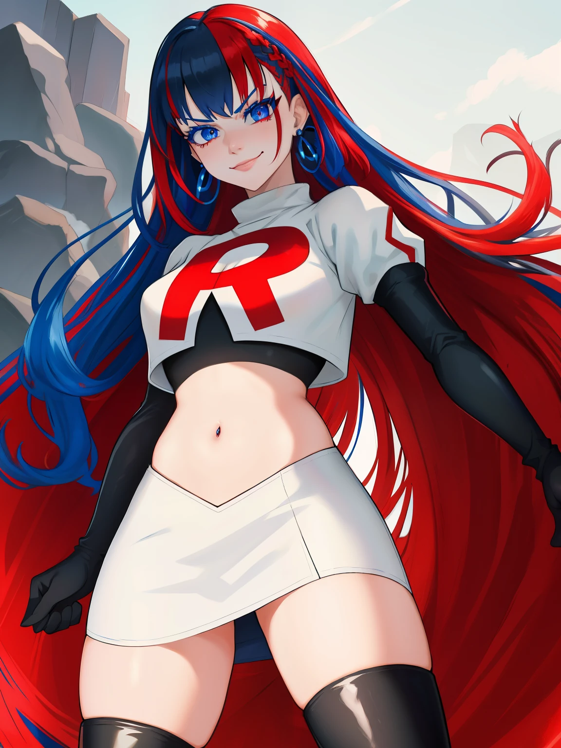 aleardef, blue hair, red hair, multicolored hair, blue eyes, red eyes ,multicolored eyes, ,glossy lips, earings ,team rocket uniform, red letter R, white skirt,white crop top,black thigh-high boots, black elbow gloves, closed mouth, evil smile