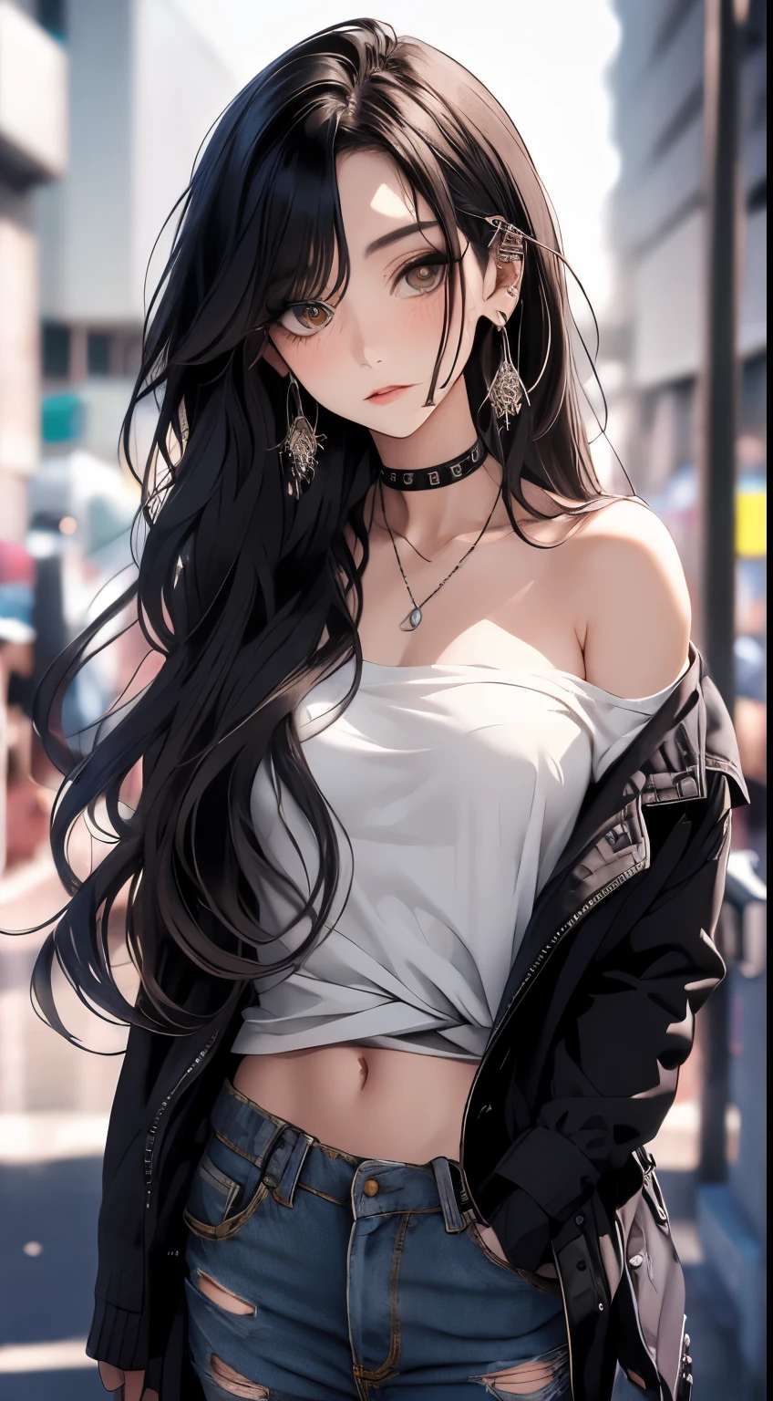 obra maestra, Mejor calidad, pixiv, Chica cool, muchos piercings, pendientes, dark brown hair, Pelo RIZADO, flequillo contundente, flequillo recto, ojos grises, pale skin, Gallon, mejorar