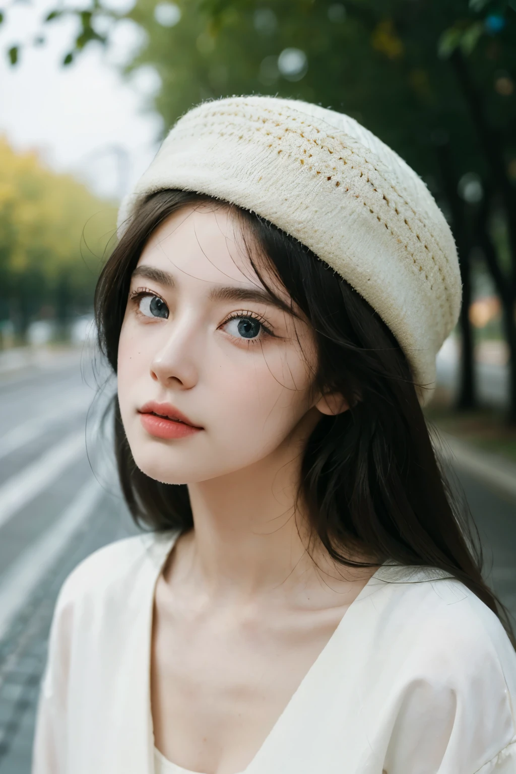 (best quality,4K,high resolution,masterpiece:1.4),Super detailed,Very detailed,sharp focus,Surreal:1.4,professional,HD images,bright colors,Bokeh,Beautiful and delicate eyes,Beautiful and delicate lips,long eyelashes,Romantic atmosphere,soft light,Contrast light and shadow,Lighting effects,rain scene,high nose bridge,young,Lively,Chubby cheeks,charming,graceful curves,full,The streets of Moscow,Wear a cotton hat,Soviet style clothing