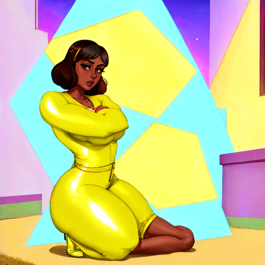 photorealism, solo, indian bimbo ifbb priyanka maheswaran, (shiny gold short jumpsuit), dark skinned, thick lips, night, ruin cyber palace