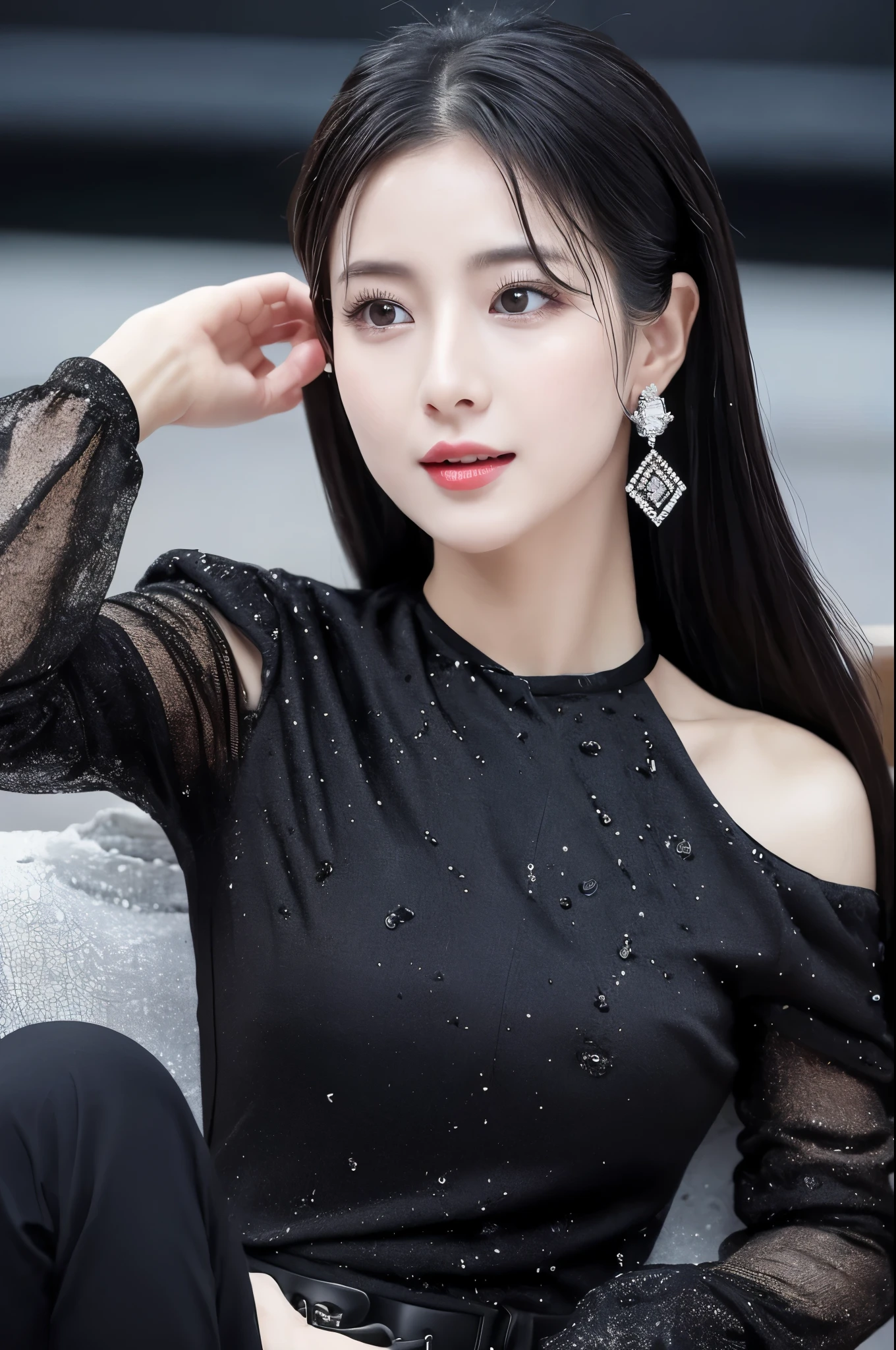 (highy detailed，8K，realisticlying，meticuloso，Real Human)The Dark Temperament Queen exudes a cold charm，She has a face that is hard to ignore。Thick slender black hair draped over his shoulders，Exudes a touch of mystery。Her eyes were deep and sharp，Like stars at night，It reveals an incomprehensible force。Her high nose and slightly raised lips outline the perfect proportions of her face，It gives a feeling of nobility and coldness。Her skin was as fair as snow，It's as if you've never seen the pure color of sunlight，A striking contrast to black hair。She is slim and charming，Like an elegant black swan。She wore a silver-white bandeau dress，The material of the dress sparkles，Cast a mysterious and seductive glow in the darkness。The skirt extends downwards，Gently stroke the curves of her slender legs，Show off her attractive figure。She has an obsidian bracelet embedded in her wrist，Exudes mysterious energy。Every time she moves，The obsidian on the bracelet will emit a dark and dazzling light，It was as if connected to her soul。She wears a pair of high-heeled black leather boots，The exquisite design expresses her unique taste。Every step she took，It was as if the whole world was trembling for it，Her aura seemed capable of tearing through the darkness，Make a way for her to be alone。The Black Queen became the focus of attention with her highly detailed appearance，Every detail exudes a charm that cannot be ignored。Her icy exterior hides endless power，Let people have inexplicable awe and yearning for her。