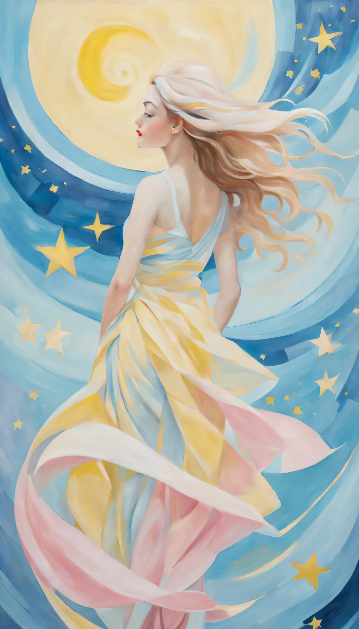 (best quality,actual,high resolution:1.2),pastel tones, painting,Impressionist strokes,from cubism, Fauvism to Surrealism and Abstraction, Miss, Fresh light blue, Light yellow, light pink,Their artistic concepts and patterns are reflected in the clothing design.starry sky background