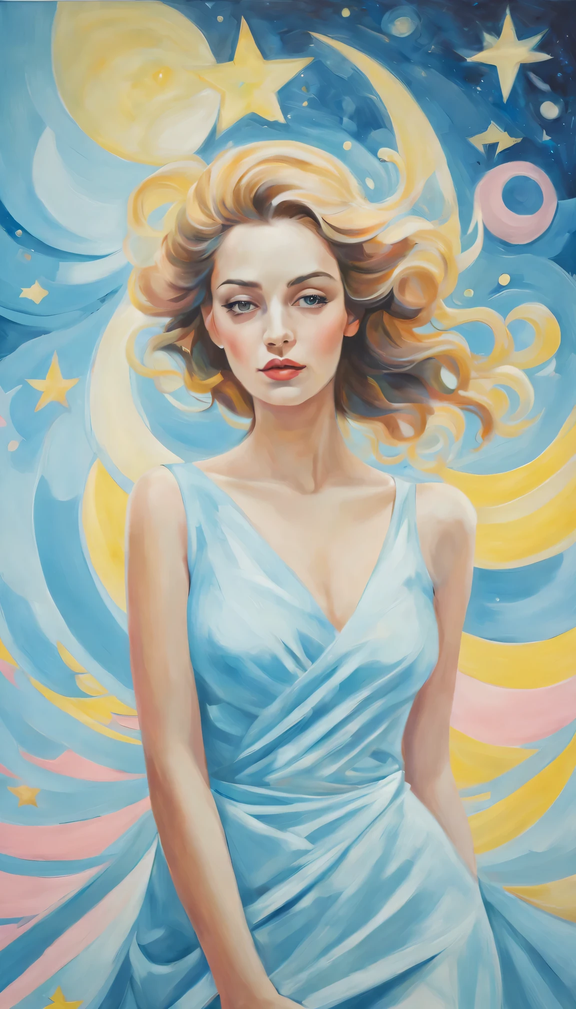 (highest quality)、(masterpiece:1.2)、(colorful:0.9)、(color scattering)、(watercolor painting)、sharp focuodel shot, High resolution, ) ((highest quality)), (Super detailed), (beautiful), alone, beautiful face、(Detailed cute woman sitting on a fluffy cloud, nude, in the night sky with twinkling stars and a beautiful glowing moon, listening to music with headphones on and happily closing her eyes:1.3)、(Colorful long shiny blonde hair:1.2),colorful eyes,dramatic、pastel colour