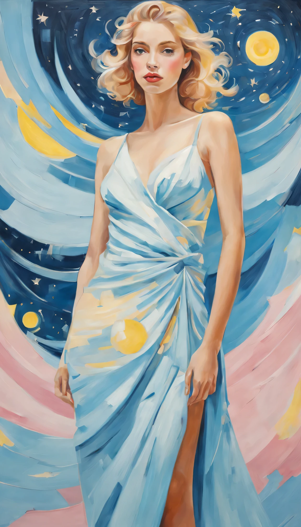 (best quality,actual,high resolution:1.2),pastel tones, painting,Impressionist strokes,from cubism, Fauvism to Surrealism and Abstraction, starry sky, Their artistic concepts and patterns are reflected in the clothing design, Miss, beautiful eyes,beautiful lips, flowing hair, Fresh light blue, Light yellow, light pink.