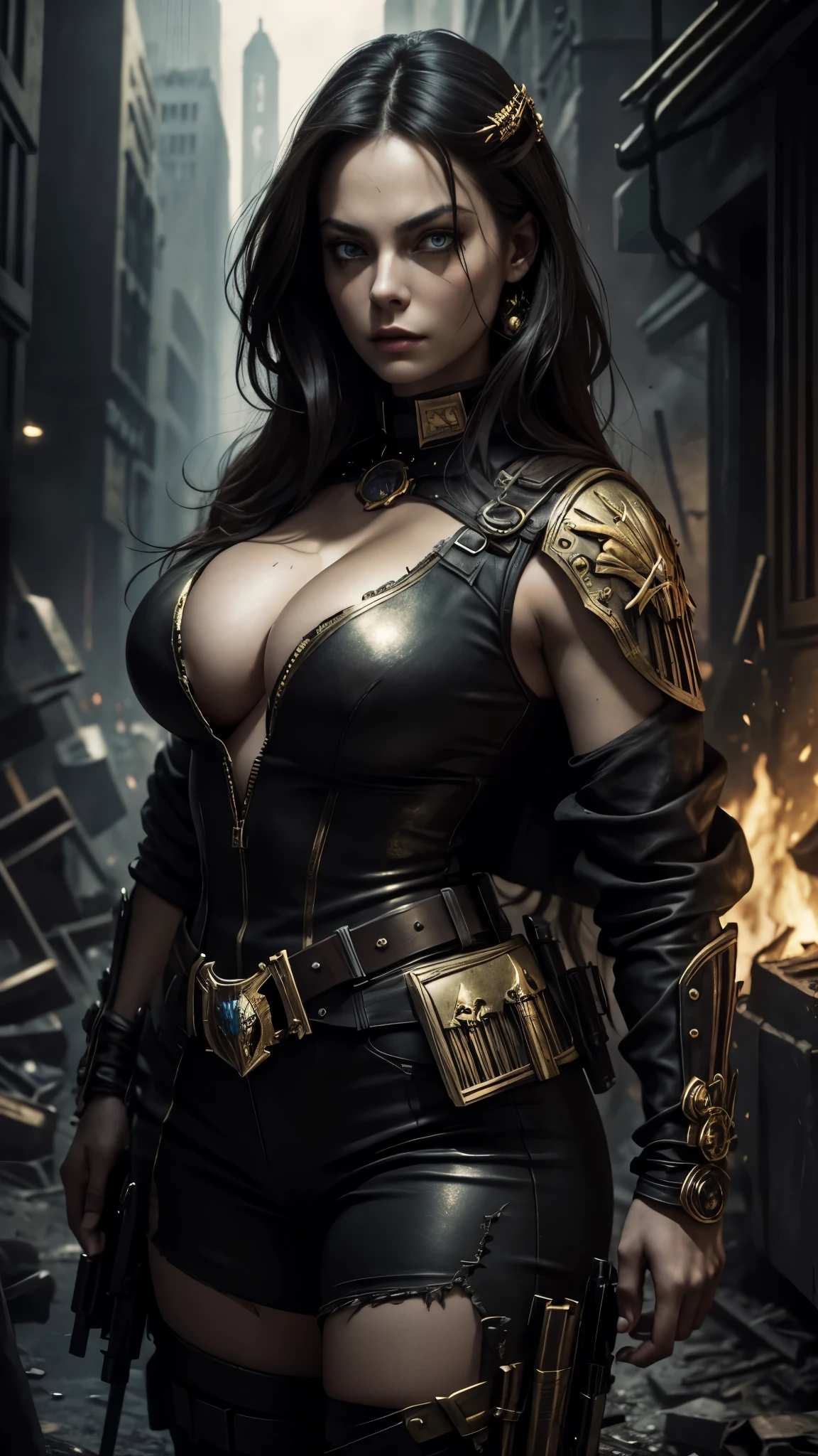 (masterpiece), best quality, expressive eyes, perfect face, detailed eyes, dark fantasy, Margot, dystopian world, dystopian warrior, cleavage, black and gold  outfit, massive snoopy breast, badass woman, sensual ,