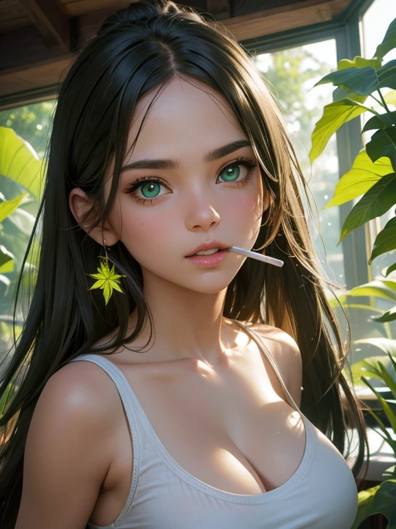 (Best quality), (perfect face), (high detail), (1girl), (closeup), (headshot), a cute hippie girl smoking a joint covered by marijuana leafs, (marijuana plants), smoke filled room, weed smoke, THC, (green eyes), (neon green 1:1), HDR,4K, 3D