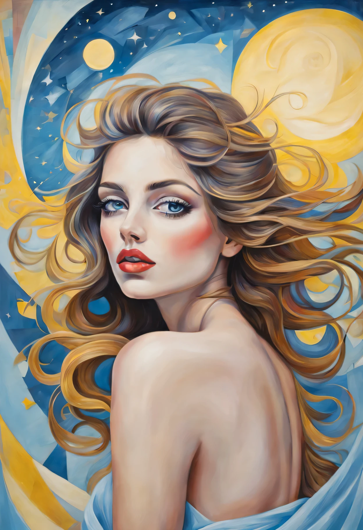 (best quality,actual,high resolution:1.2),pastel tones, painting,Impressionist strokes,from cubism, Fauvism to Surrealism and Abstraction, Miss, Beautiful and delicate eyes,Beautiful and delicate lips,flowing hair, Their artistic concepts and patterns are reflected in the clothing design,Fresh light blue, Light yellow, light pink,.starry sky background